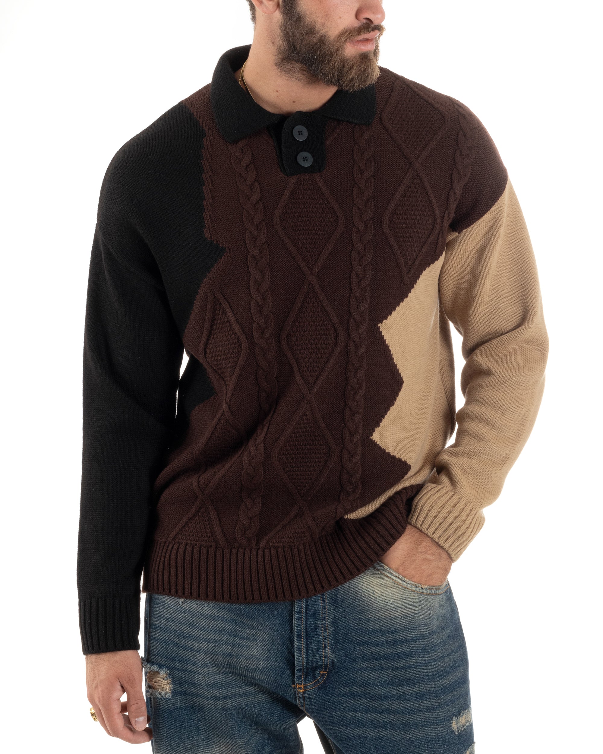 Maglione Uomo Lana Patch Trecce Polo Calda Maniche Lunghe Comoda Pullover Lavorato Color Block Casual Marrone GIOSAL-M2897A