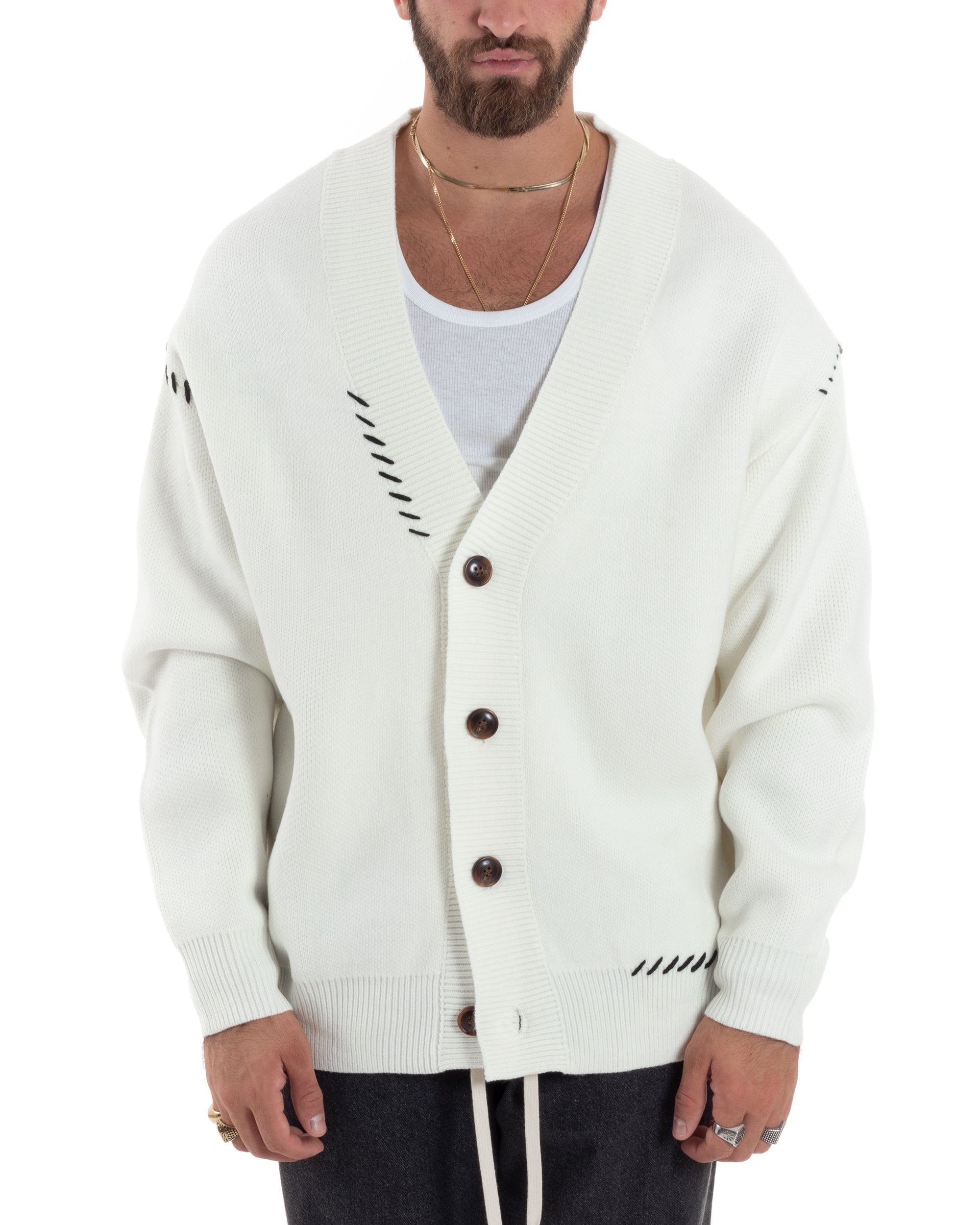 Cardigan Uomo Scollo A V Con Bottoni Giacca Oversize Ricamata Calda Maglione Spalla Scesa Lavorato Bianco GIOSAL-M2898A