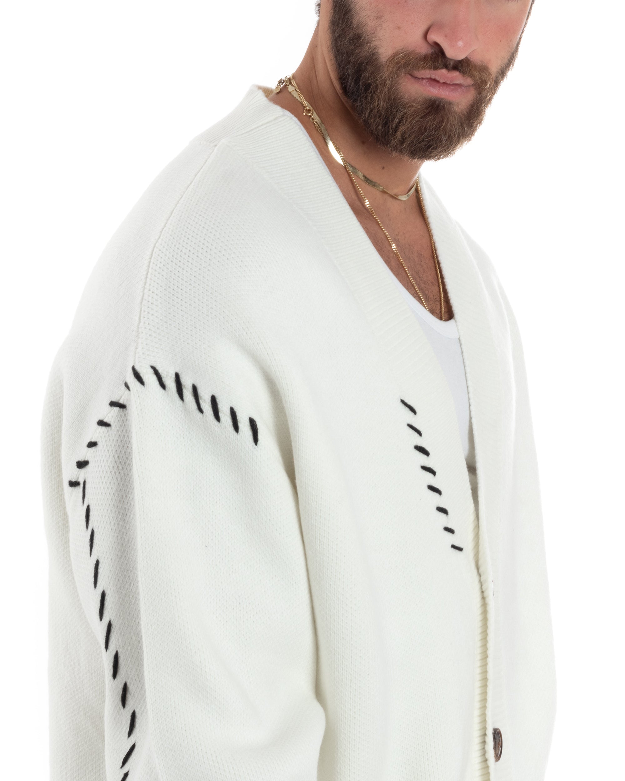 Cardigan Uomo Scollo A V Con Bottoni Giacca Oversize Ricamata Calda Maglione Spalla Scesa Lavorato Bianco GIOSAL-M2898A