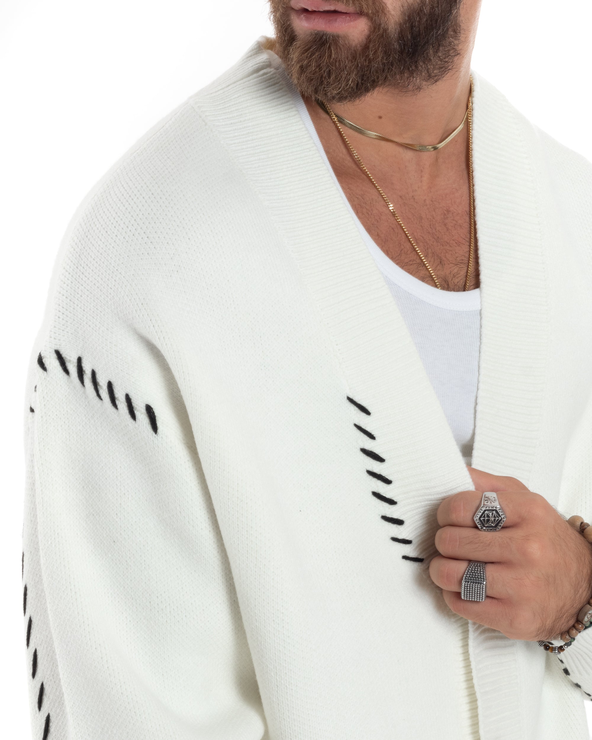 Cardigan Uomo Scollo A V Con Bottoni Giacca Oversize Ricamata Calda Maglione Spalla Scesa Lavorato Bianco GIOSAL-M2898A