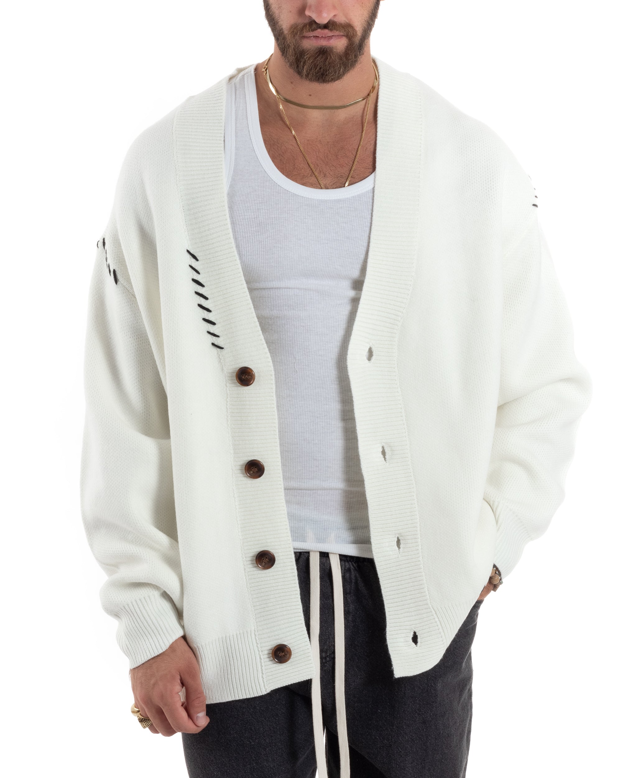 Cardigan Uomo Scollo A V Con Bottoni Giacca Oversize Ricamata Calda Maglione Spalla Scesa Lavorato Bianco GIOSAL-M2898A