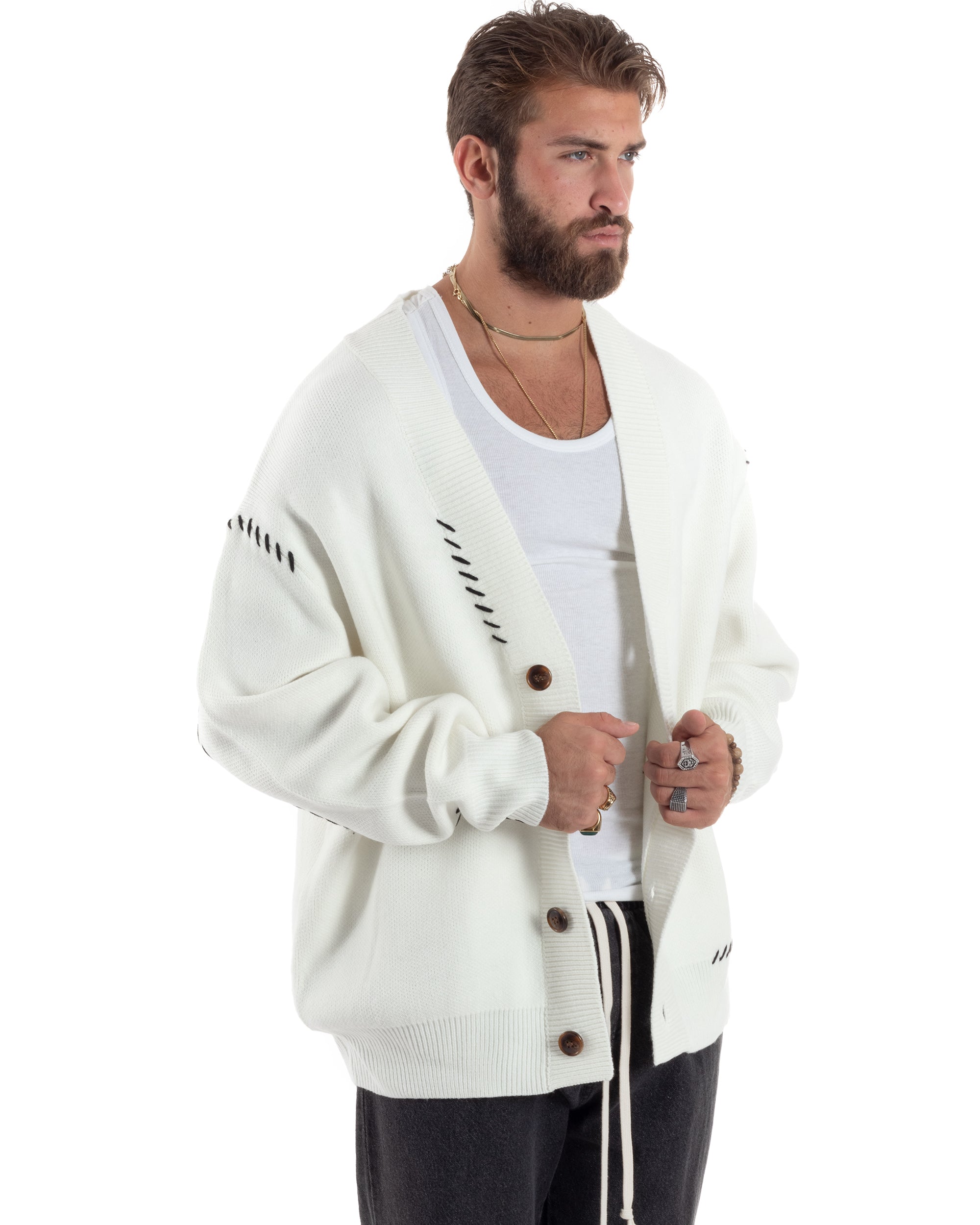 Cardigan Uomo Scollo A V Con Bottoni Giacca Oversize Ricamata Calda Maglione Spalla Scesa Lavorato Bianco GIOSAL-M2898A