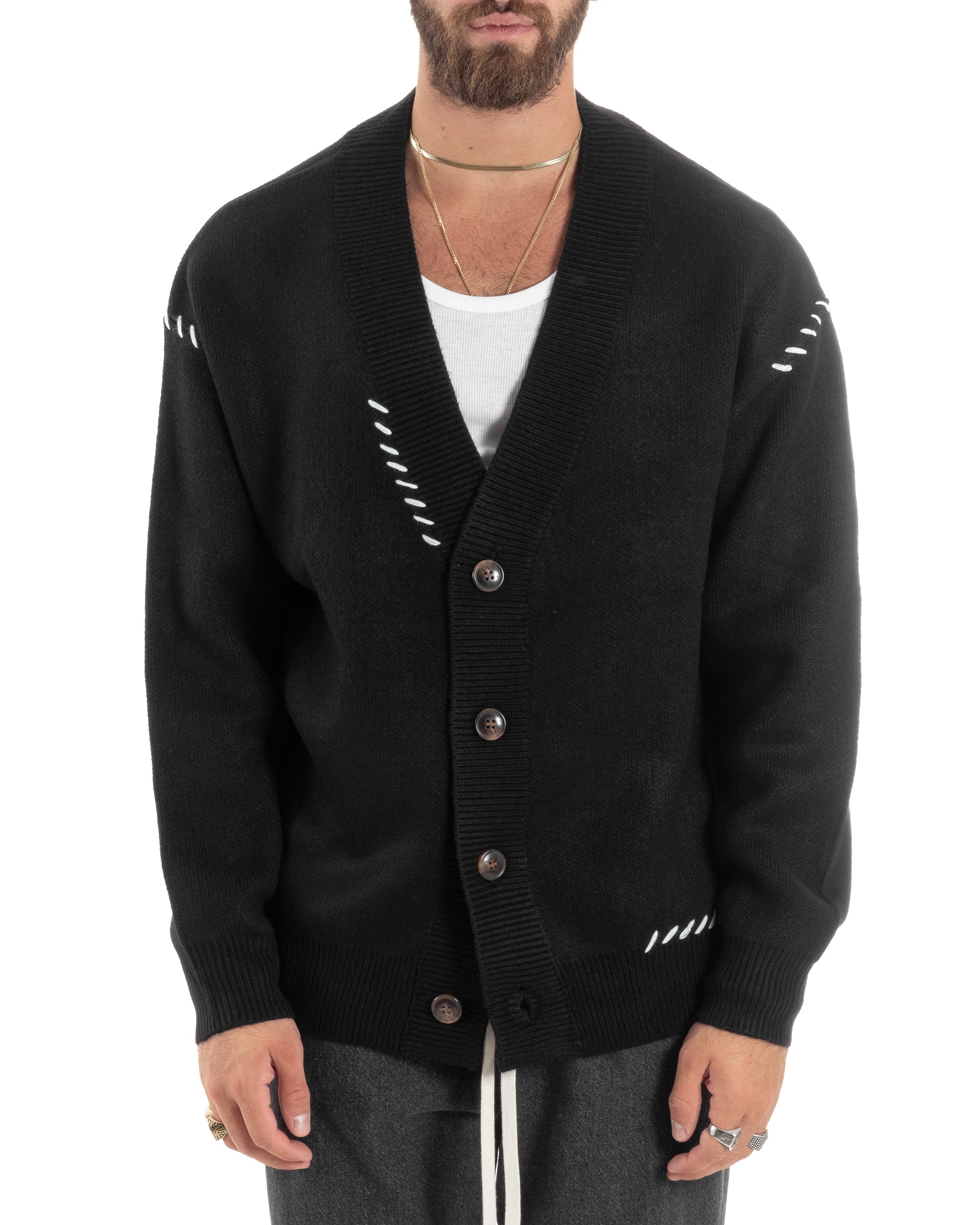 Cardigan Uomo Scollo A V Con Bottoni Giacca Oversize Ricamata Calda Maglione Spalla Scesa Lavorato Nero GIOSAL-M2899A