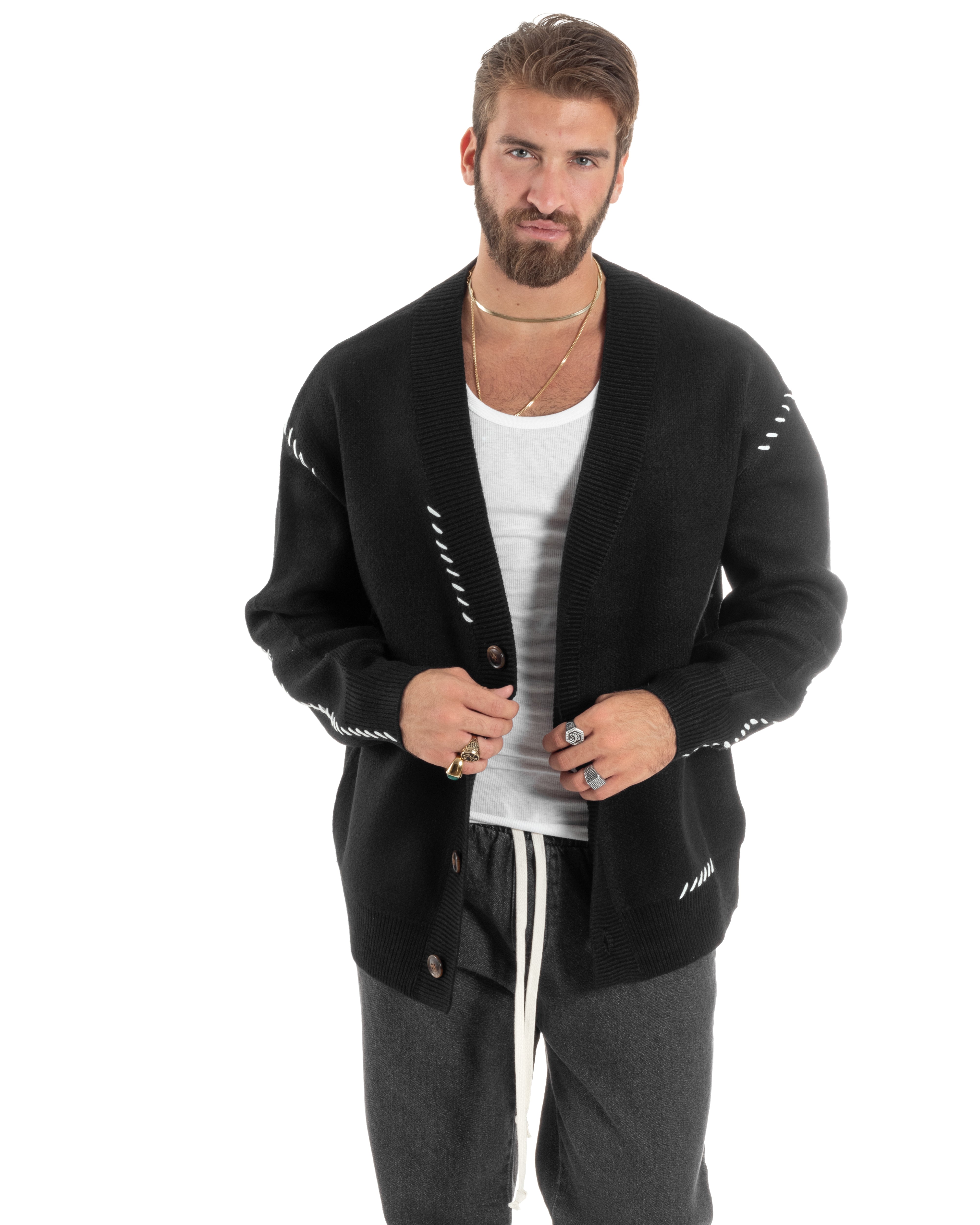 Cardigan Uomo Scollo A V Con Bottoni Giacca Oversize Ricamata Calda Maglione Spalla Scesa Lavorato Nero GIOSAL-M2899A