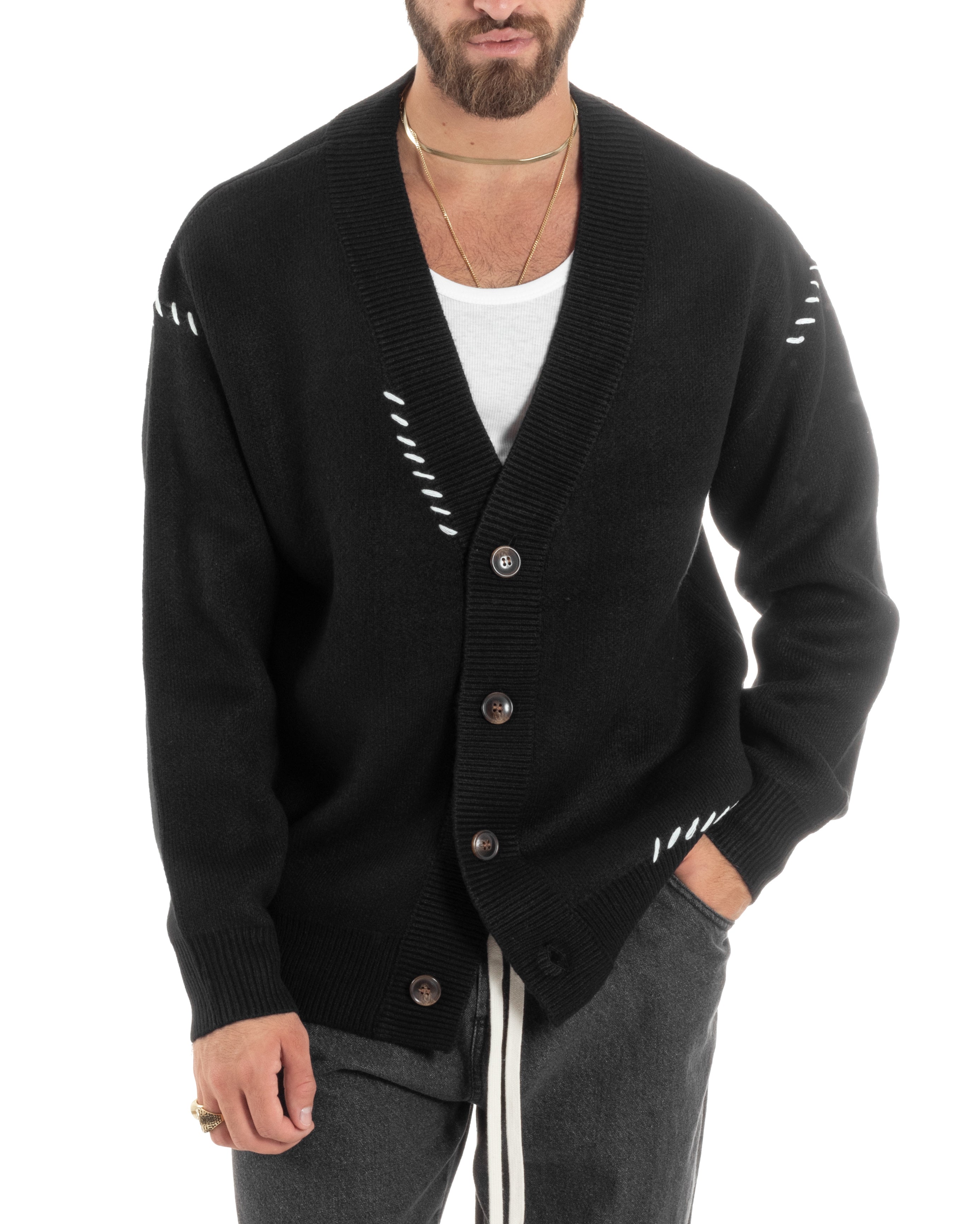 Cardigan Uomo Scollo A V Con Bottoni Giacca Oversize Ricamata Calda Maglione Spalla Scesa Lavorato Nero GIOSAL-M2899A