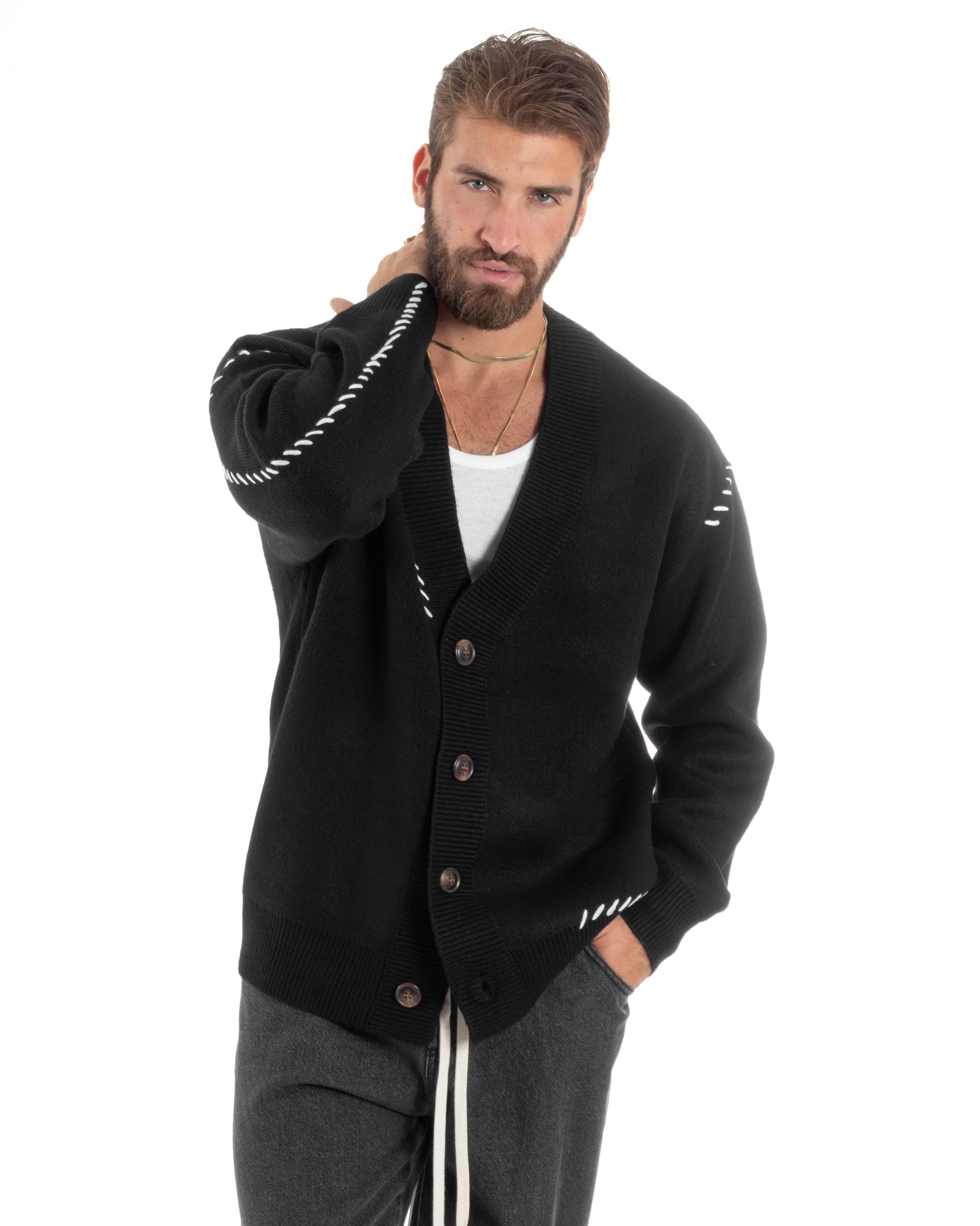 Cardigan Uomo Scollo A V Con Bottoni Giacca Oversize Ricamata Calda Maglione Spalla Scesa Lavorato Nero GIOSAL-M2899A