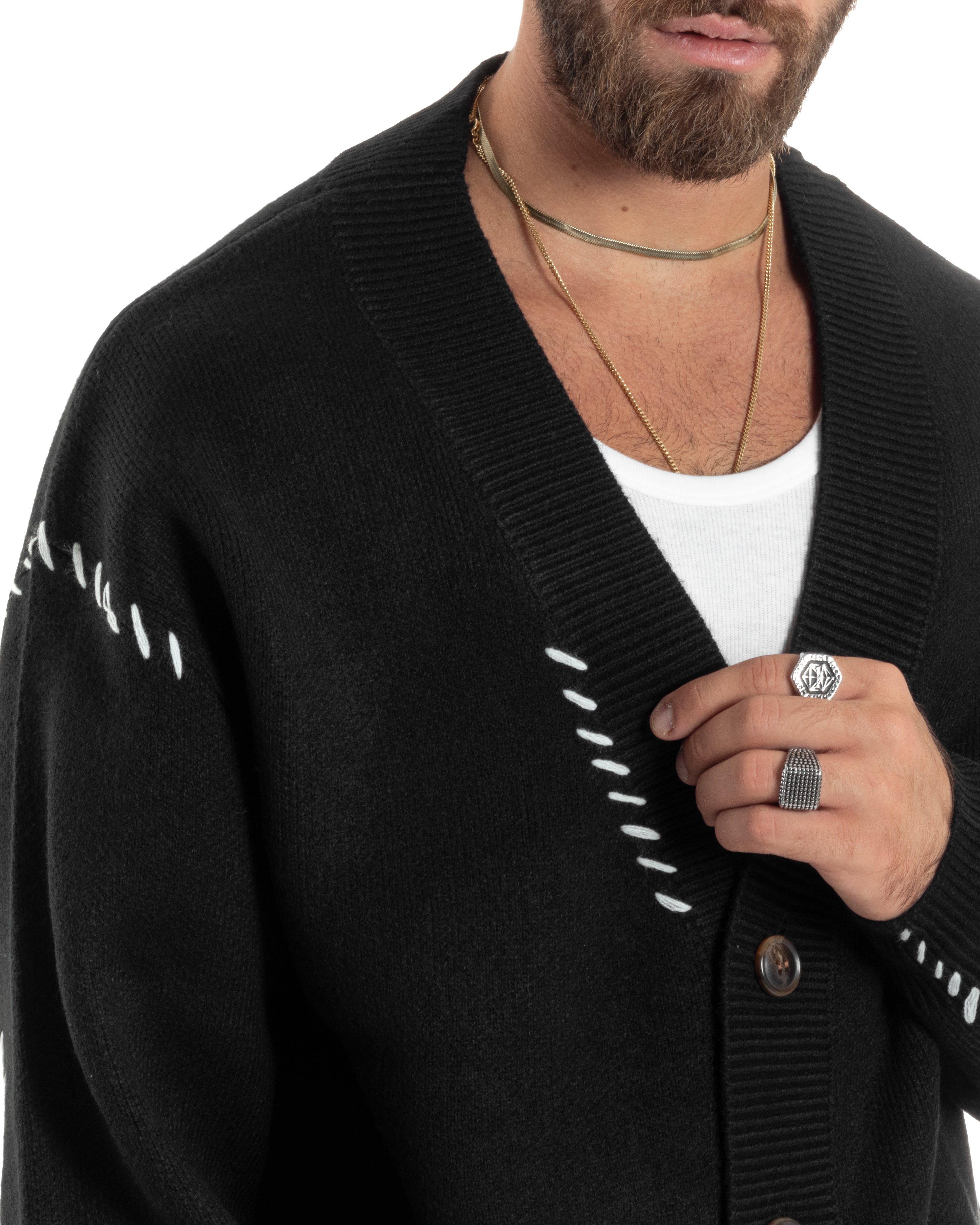 Cardigan Uomo Scollo A V Con Bottoni Giacca Oversize Ricamata Calda Maglione Spalla Scesa Lavorato Nero GIOSAL-M2899A