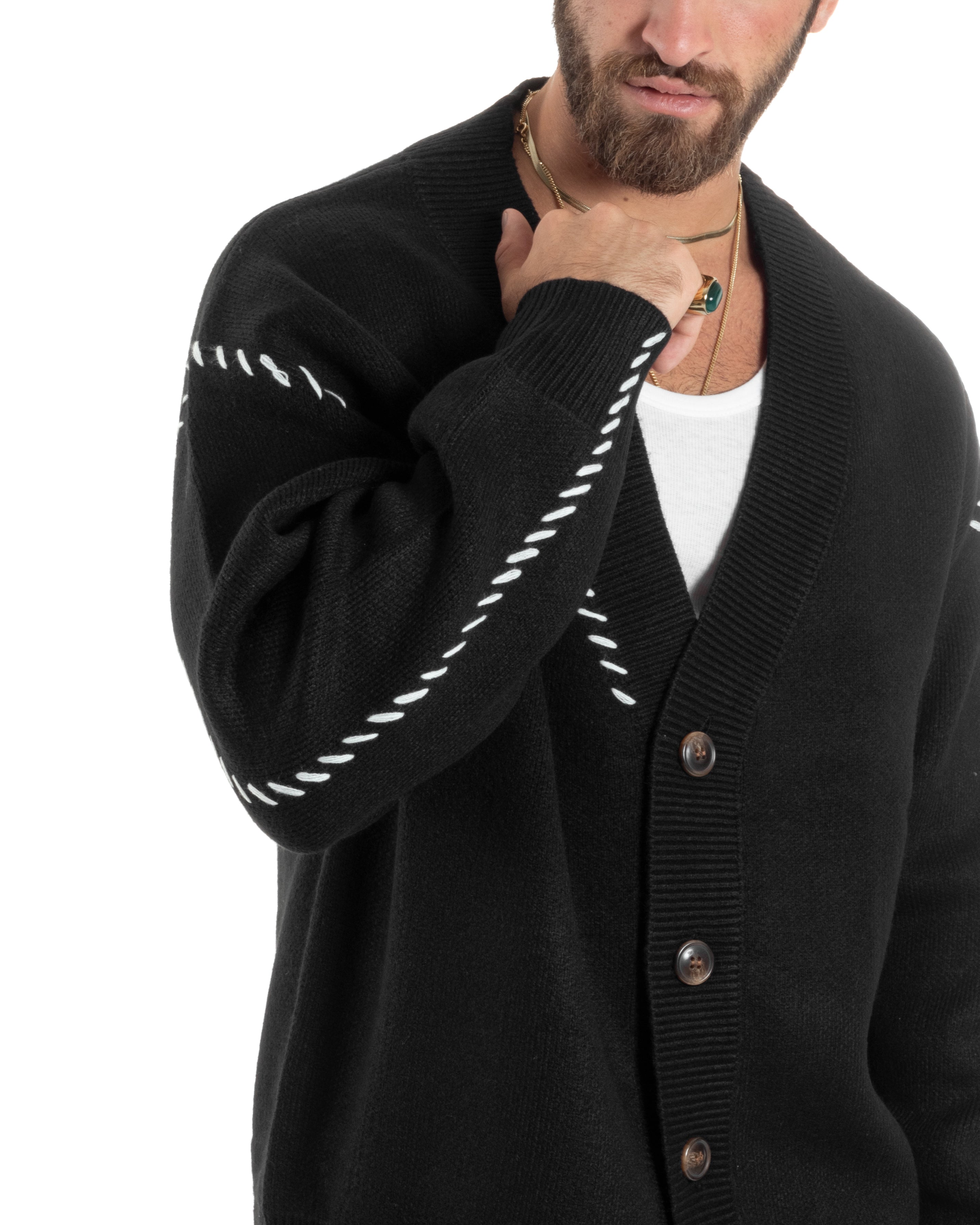 Cardigan Uomo Scollo A V Con Bottoni Giacca Oversize Ricamata Calda Maglione Spalla Scesa Lavorato Nero GIOSAL-M2899A