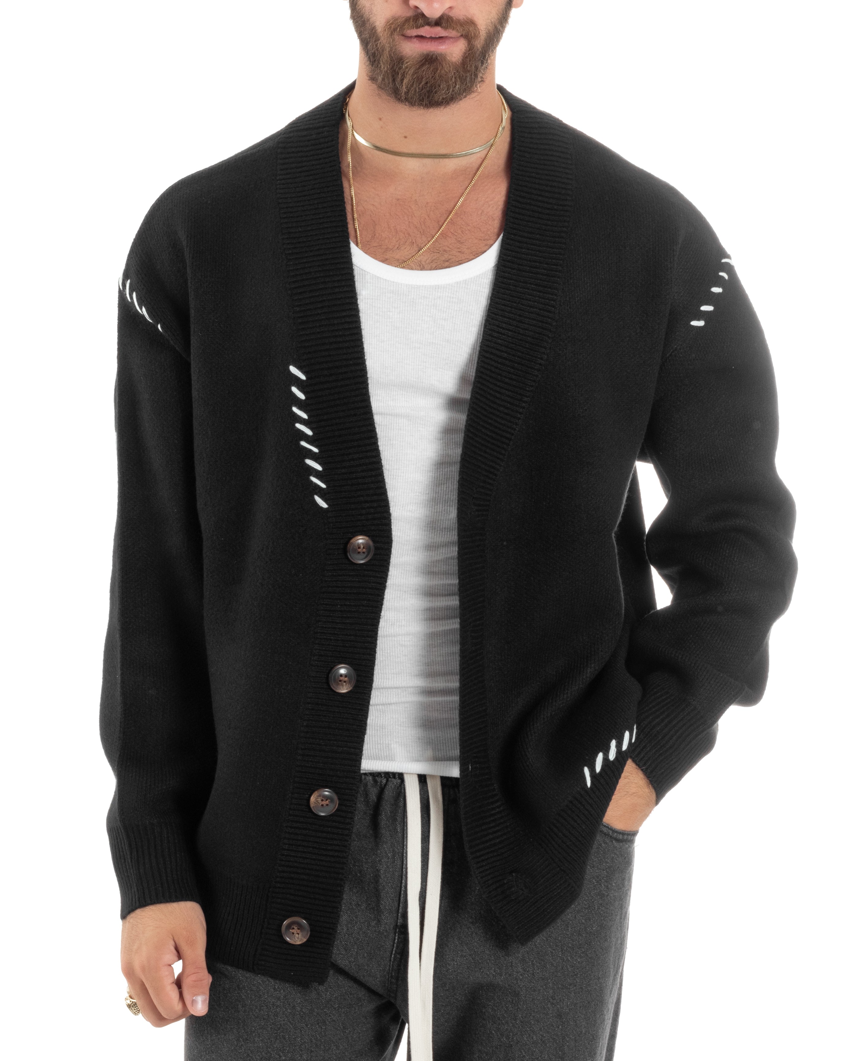 Cardigan Uomo Scollo A V Con Bottoni Giacca Oversize Ricamata Calda Maglione Spalla Scesa Lavorato Nero GIOSAL-M2899A