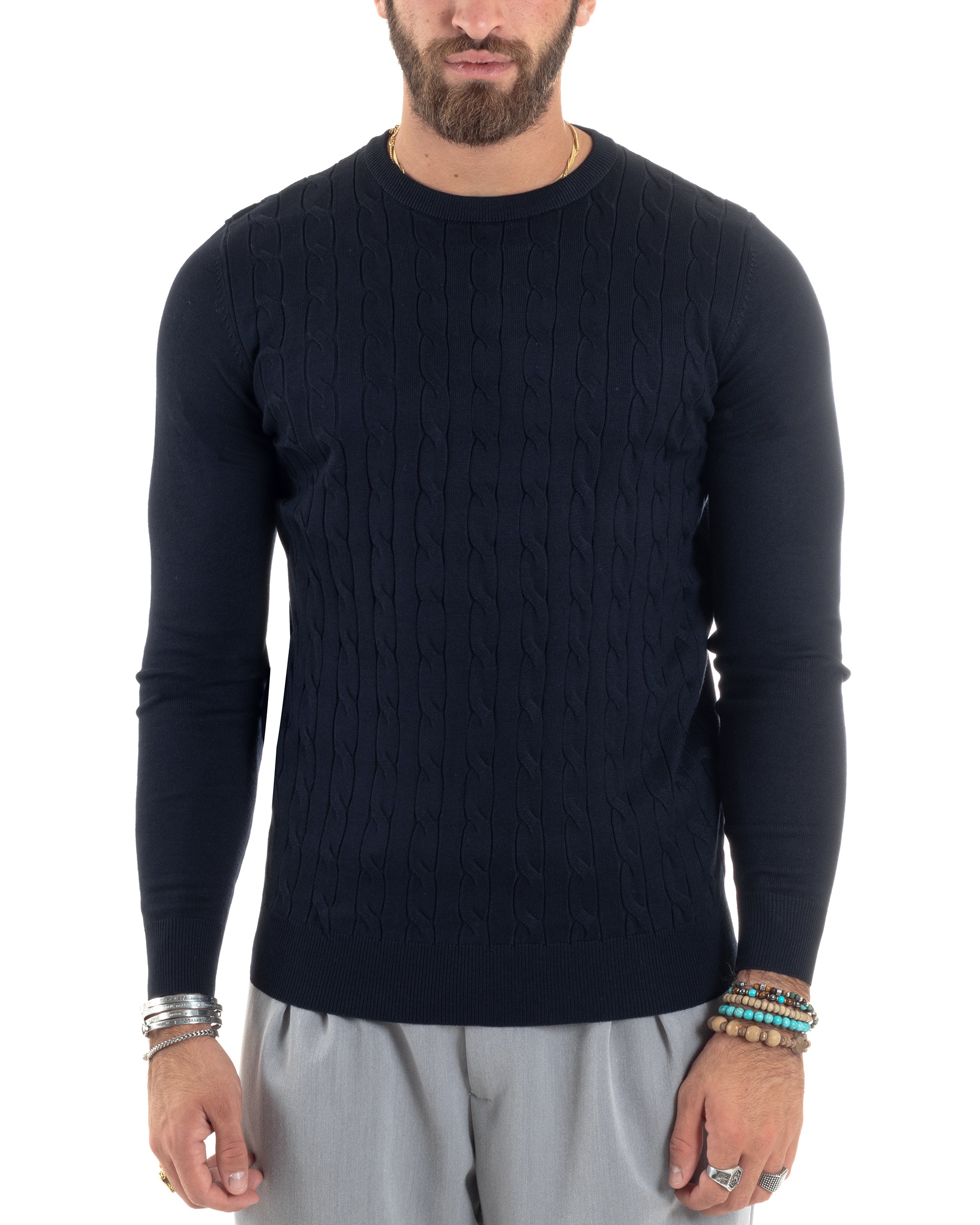 Maglione Uomo Girocollo Viscosa Treccia Maglioncino Lavorato Maglia Calda Basic Maniche Lunghe Tinta Unita Casual Blu GIOSAL-M2900A