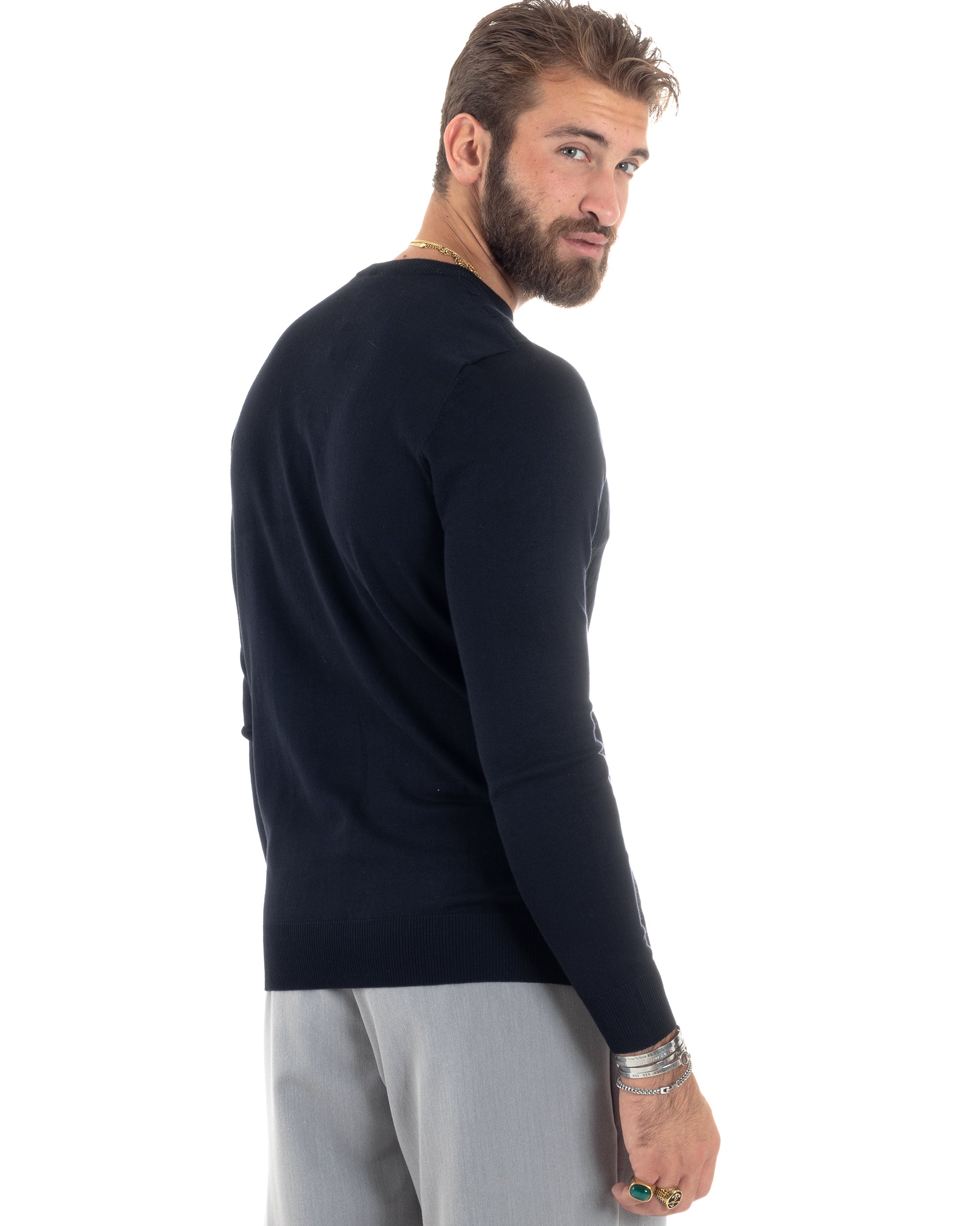 Maglione Uomo Girocollo Viscosa Treccia Maglioncino Lavorato Maglia Calda Basic Maniche Lunghe Tinta Unita Casual Blu GIOSAL-M2900A