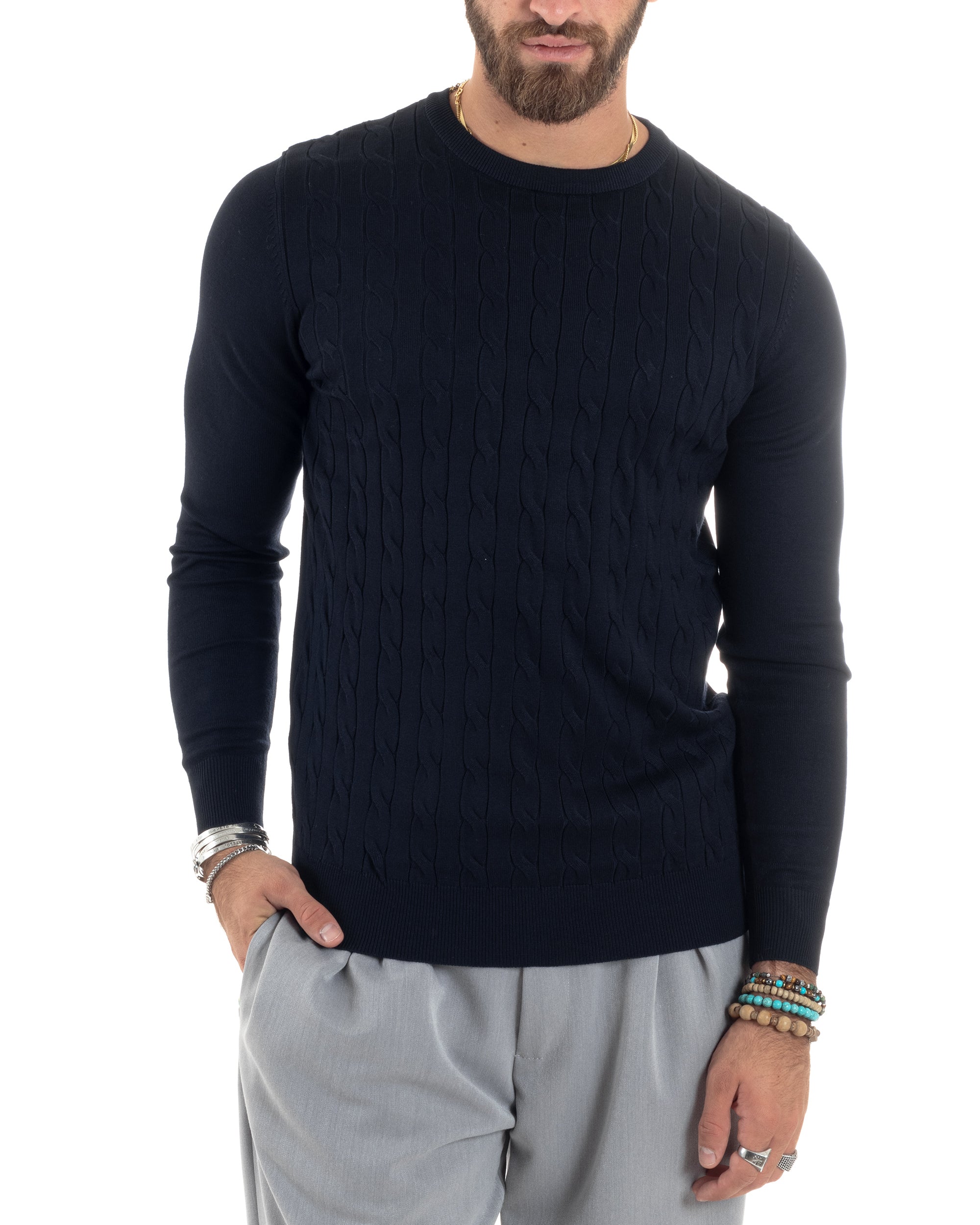 Maglione Uomo Girocollo Viscosa Treccia Maglioncino Lavorato Maglia Calda Basic Maniche Lunghe Tinta Unita Casual Blu GIOSAL-M2900A