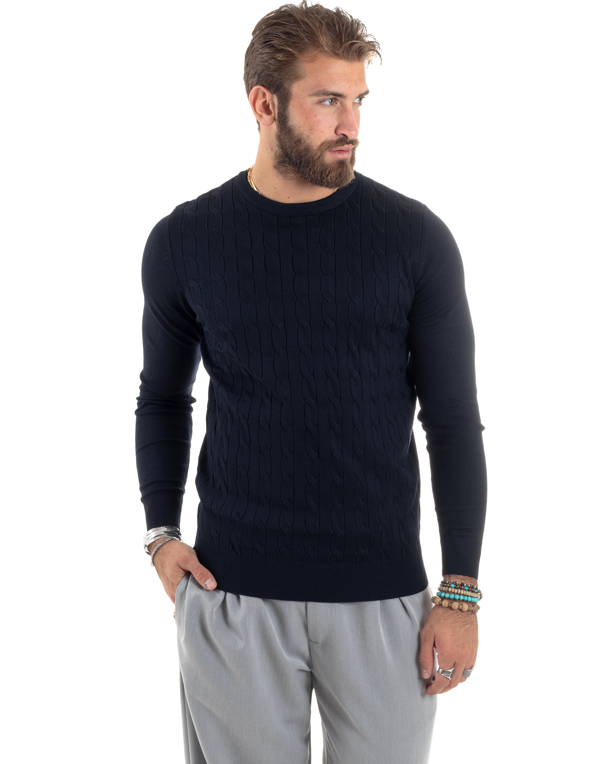 Maglione Uomo Girocollo Viscosa Treccia Maglioncino Lavorato Maglia Calda Basic Maniche Lunghe Tinta Unita Casual Blu GIOSAL-M2900A