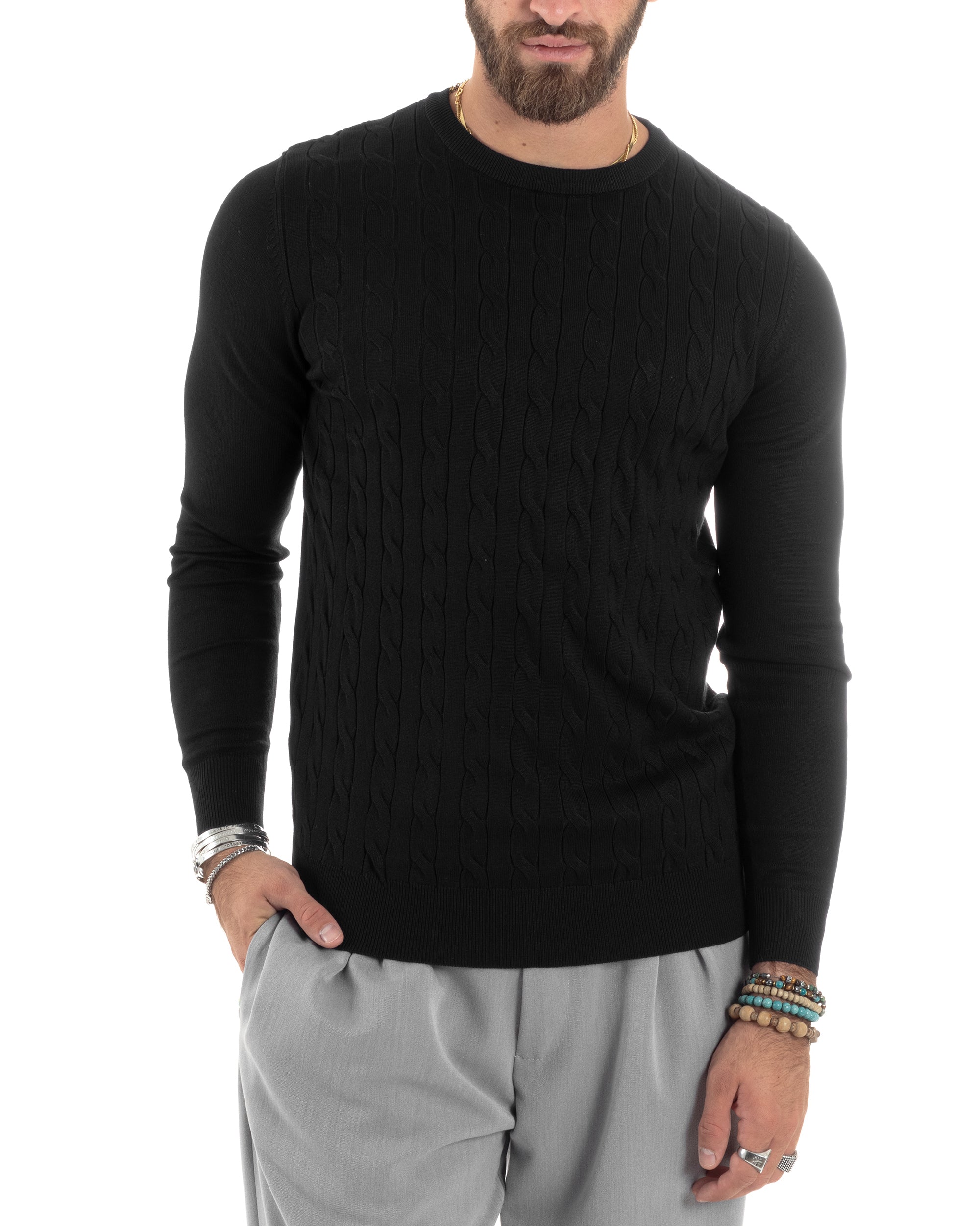 Maglione Uomo Girocollo Viscosa Treccia Maglioncino Lavorato Maglia Calda Basic Maniche Lunghe Tinta Unita Casual Nero GIOSAL-M2901A