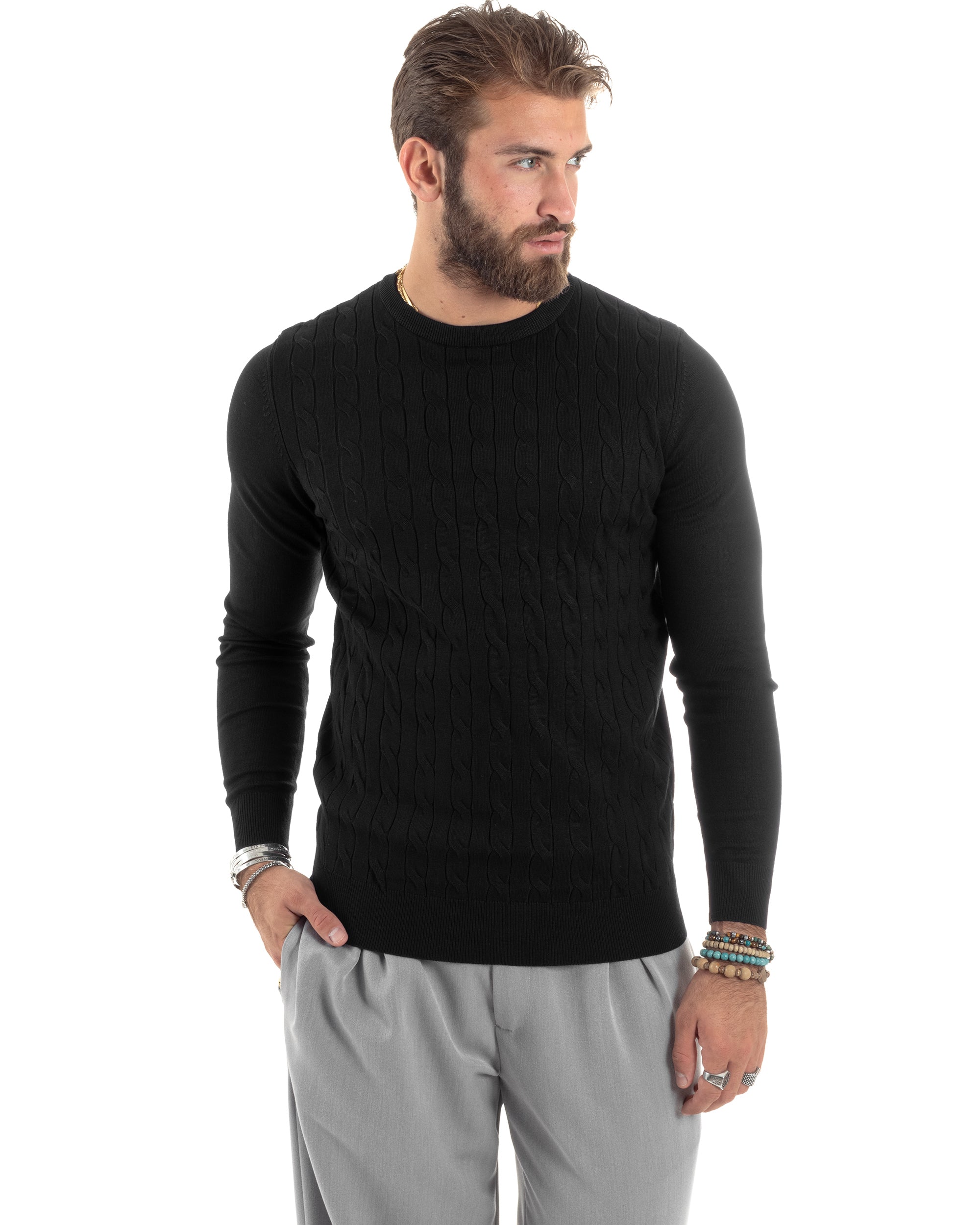 Maglione Uomo Girocollo Viscosa Treccia Maglioncino Lavorato Maglia Calda Basic Maniche Lunghe Tinta Unita Casual Nero GIOSAL-M2901A