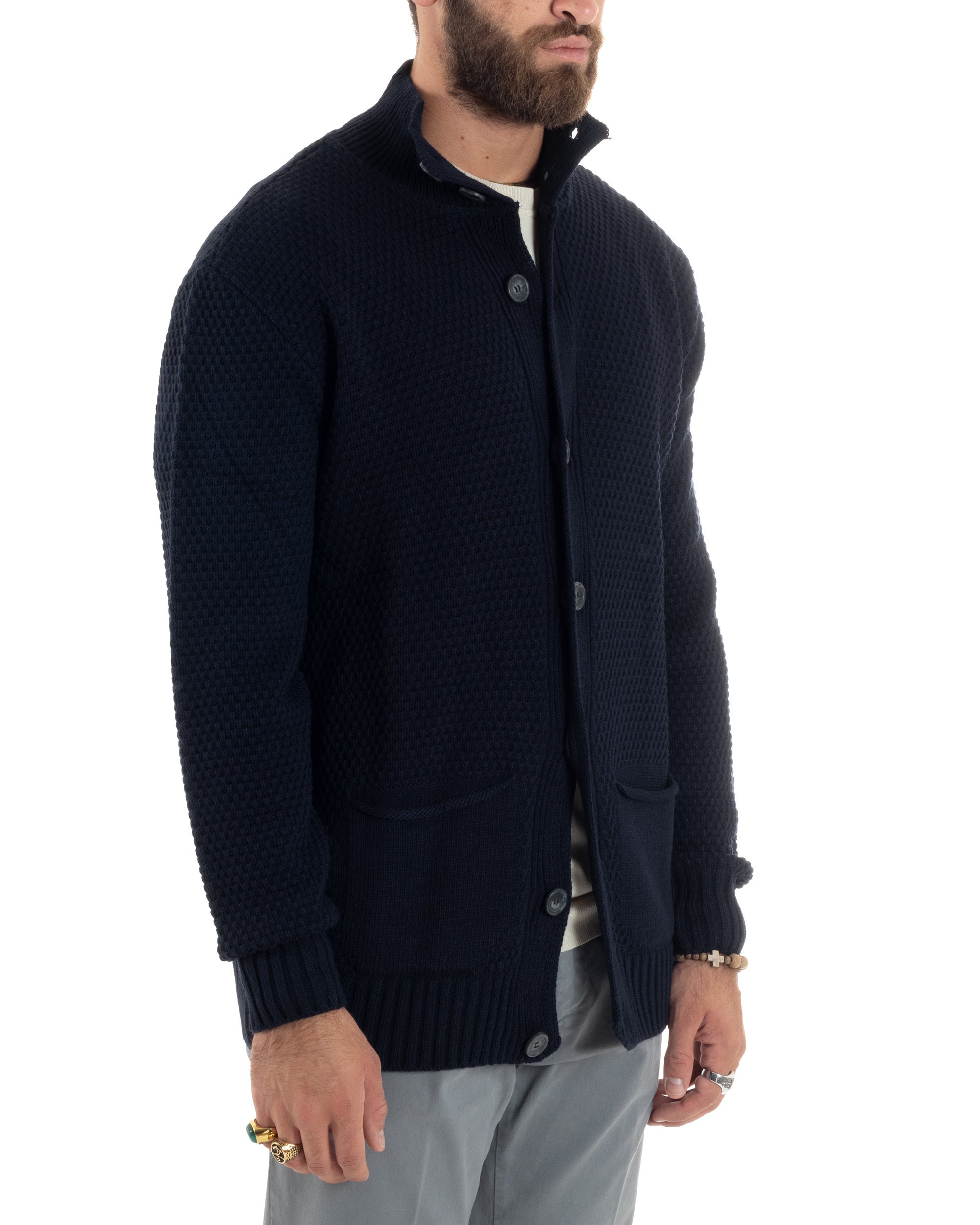 Cardigan Uomo Con Tasche a Toppa Collo E Bottoni Giacca Coreana Nido D'ape Calda Maglioncino Casual Lavorato Blu GIOSAL-M2903A