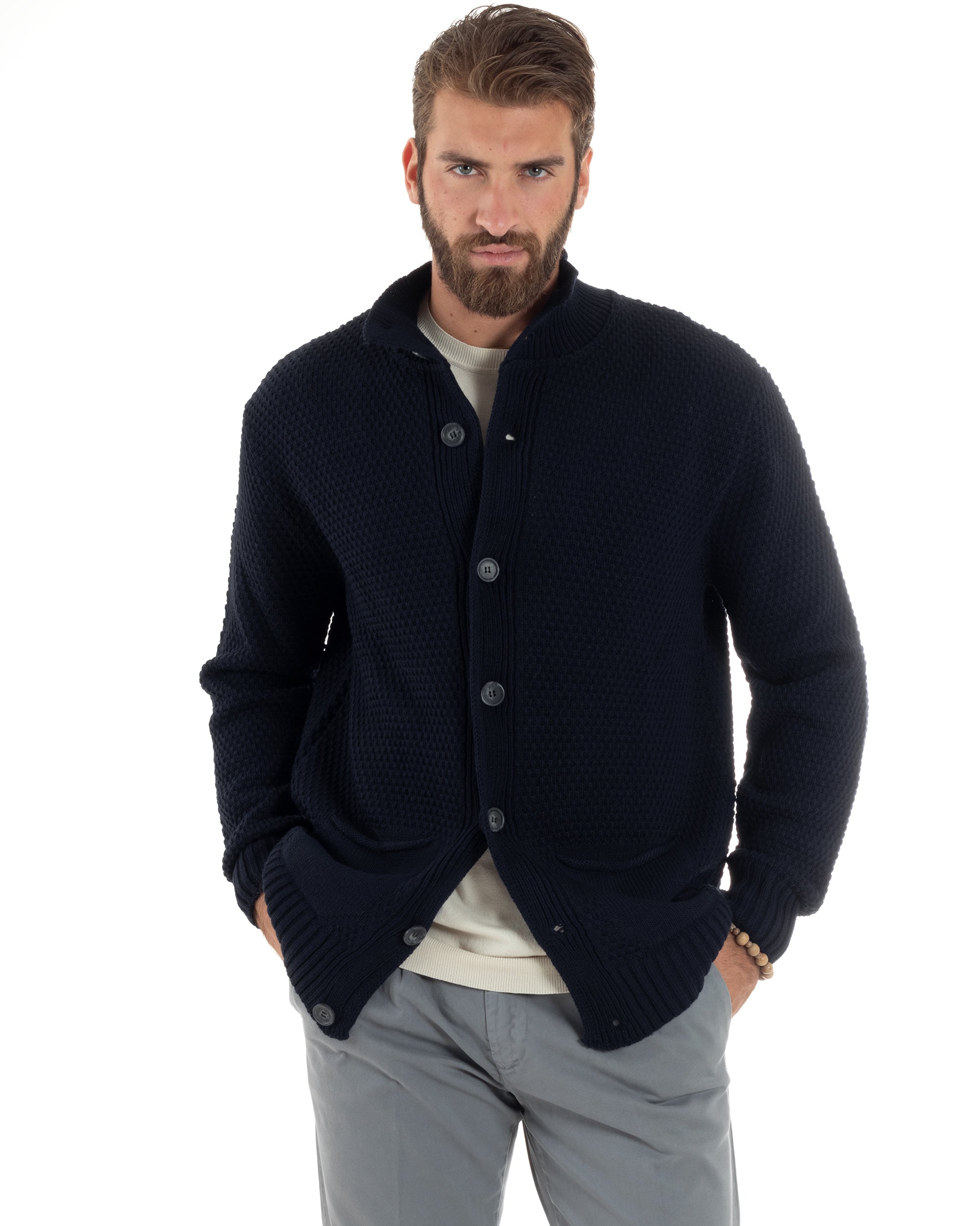 Cardigan Uomo Con Tasche a Toppa Collo E Bottoni Giacca Coreana Nido D'ape Calda Maglioncino Casual Lavorato Blu GIOSAL-M2903A