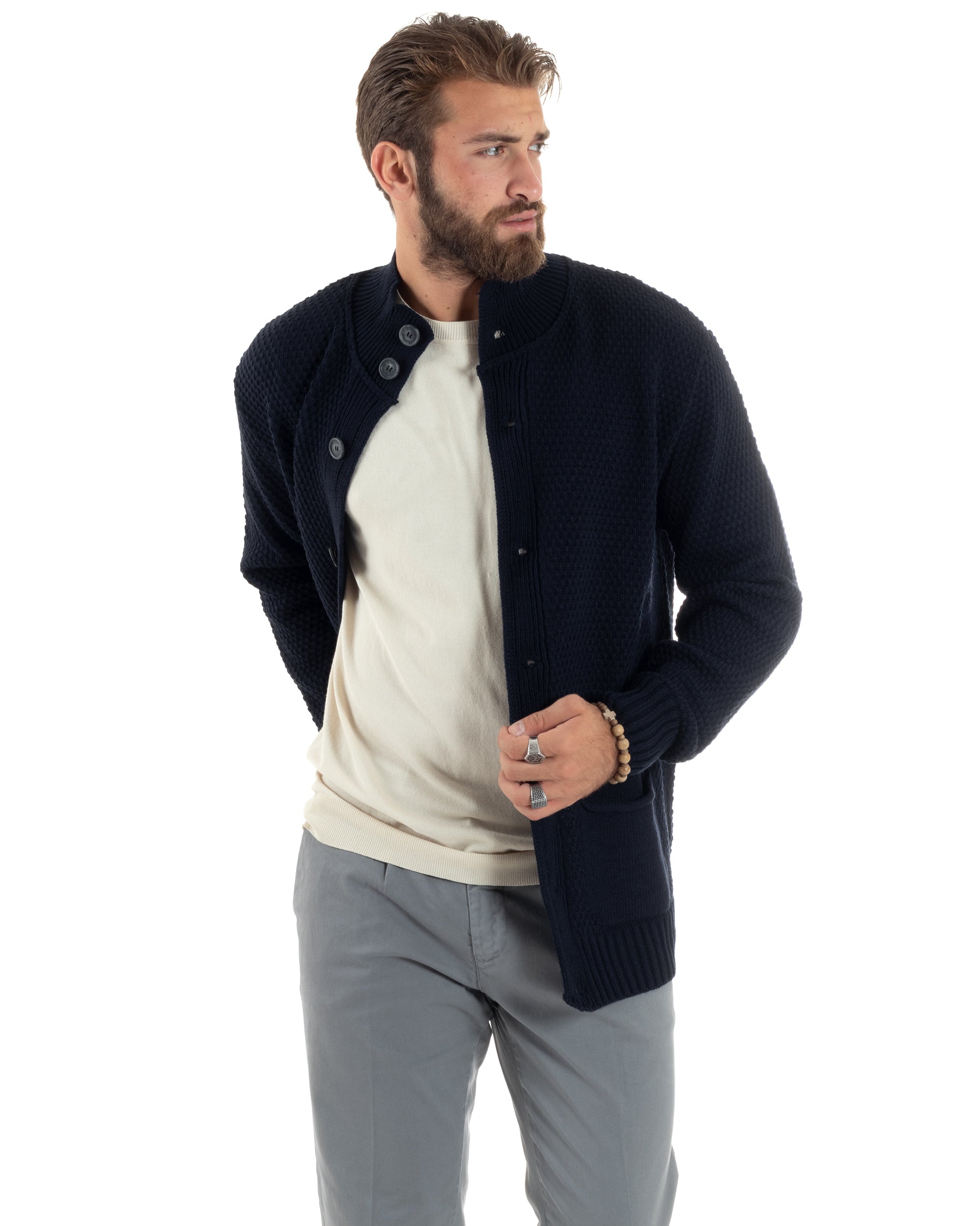 Cardigan Uomo Con Tasche a Toppa Collo E Bottoni Giacca Coreana Nido D'ape Calda Maglioncino Casual Lavorato Blu GIOSAL-M2903A