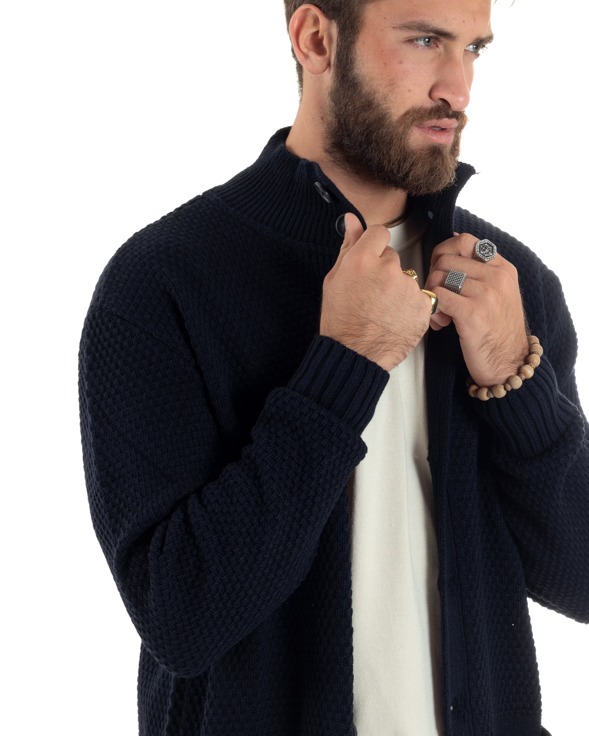 Cardigan Uomo Con Tasche a Toppa Collo E Bottoni Giacca Coreana Nido D'ape Calda Maglioncino Casual Lavorato Blu GIOSAL-M2903A