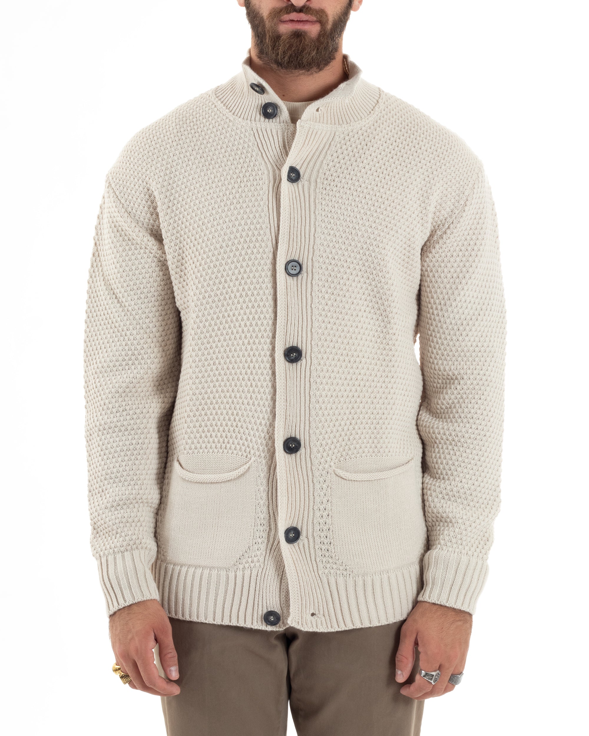 Cardigan Uomo Con Tasche a Toppa Collo E Bottoni Giacca Coreana Nido D'ape Calda Maglioncino Casual Lavorato Beige GIOSAL-M2904A