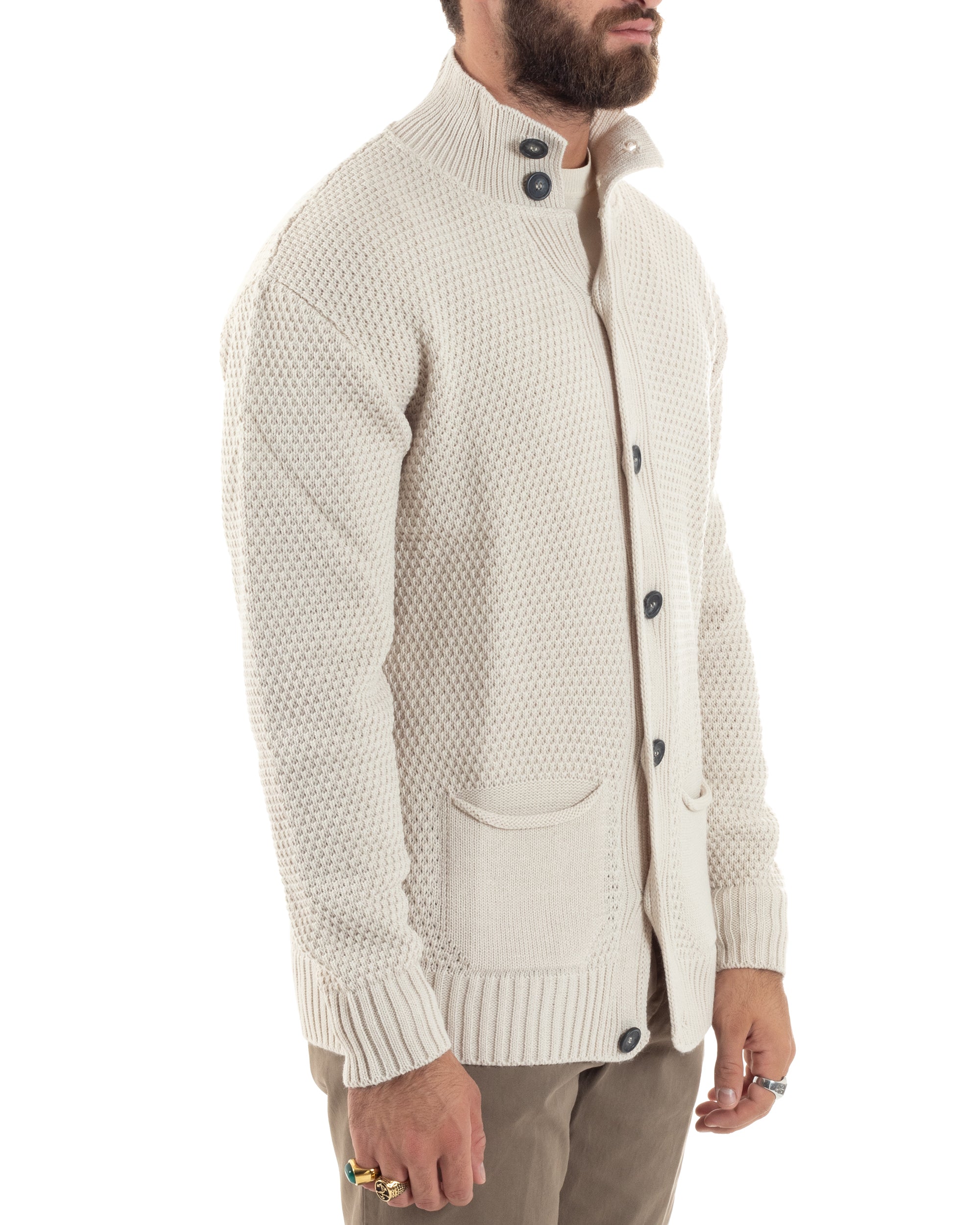 Cardigan Uomo Con Tasche a Toppa Collo E Bottoni Giacca Coreana Nido D'ape Calda Maglioncino Casual Lavorato Beige GIOSAL-M2904A