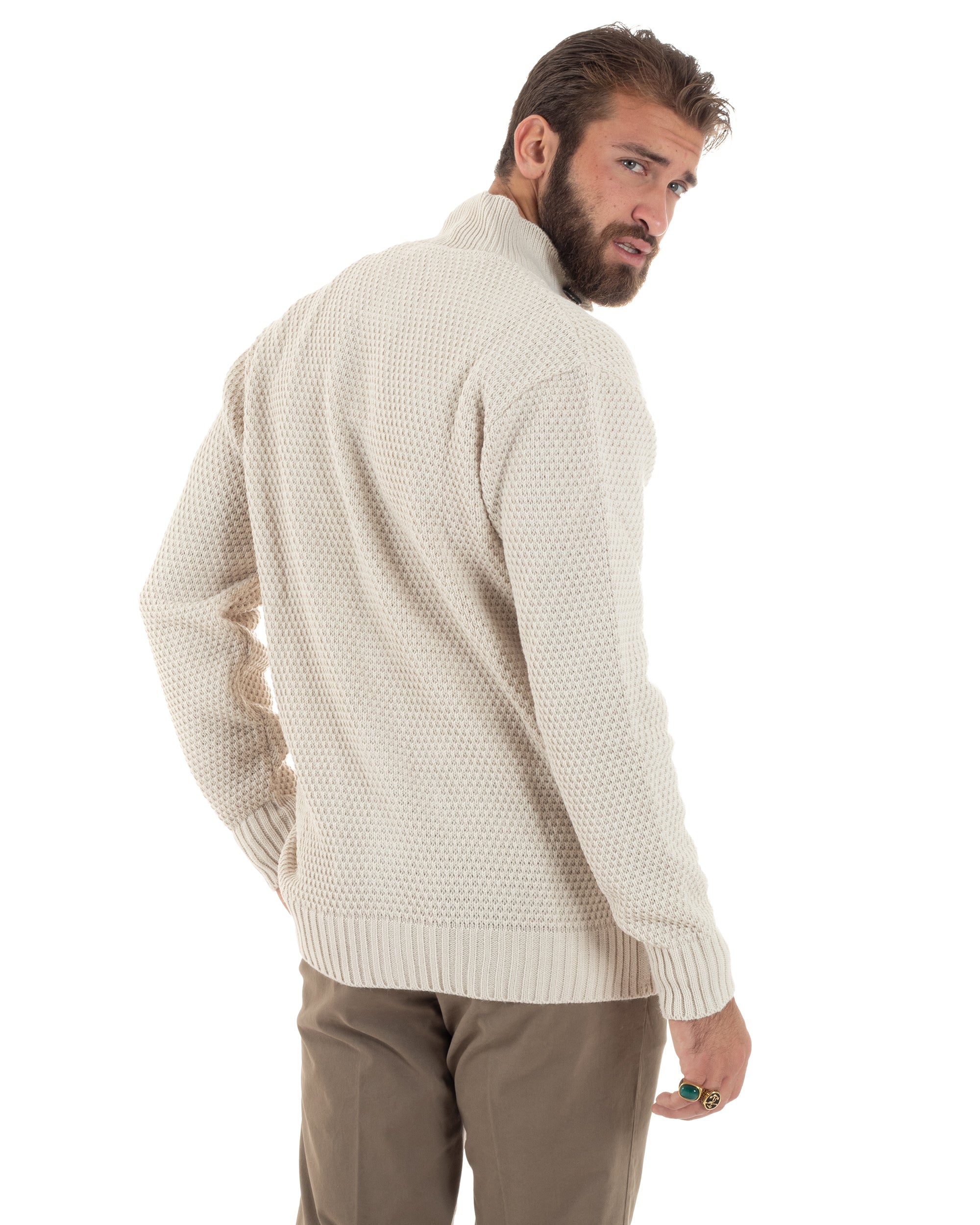 Cardigan Uomo Con Tasche a Toppa Collo E Bottoni Giacca Coreana Nido D'ape Calda Maglioncino Casual Lavorato Beige GIOSAL-M2904A