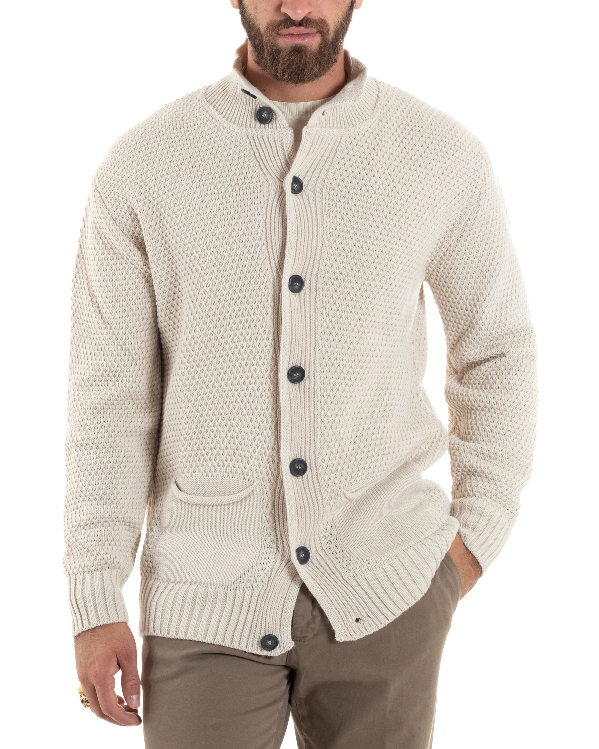 Cardigan Uomo Con Tasche a Toppa Collo E Bottoni Giacca Coreana Nido D'ape Calda Maglioncino Casual Lavorato Beige GIOSAL-M2904A