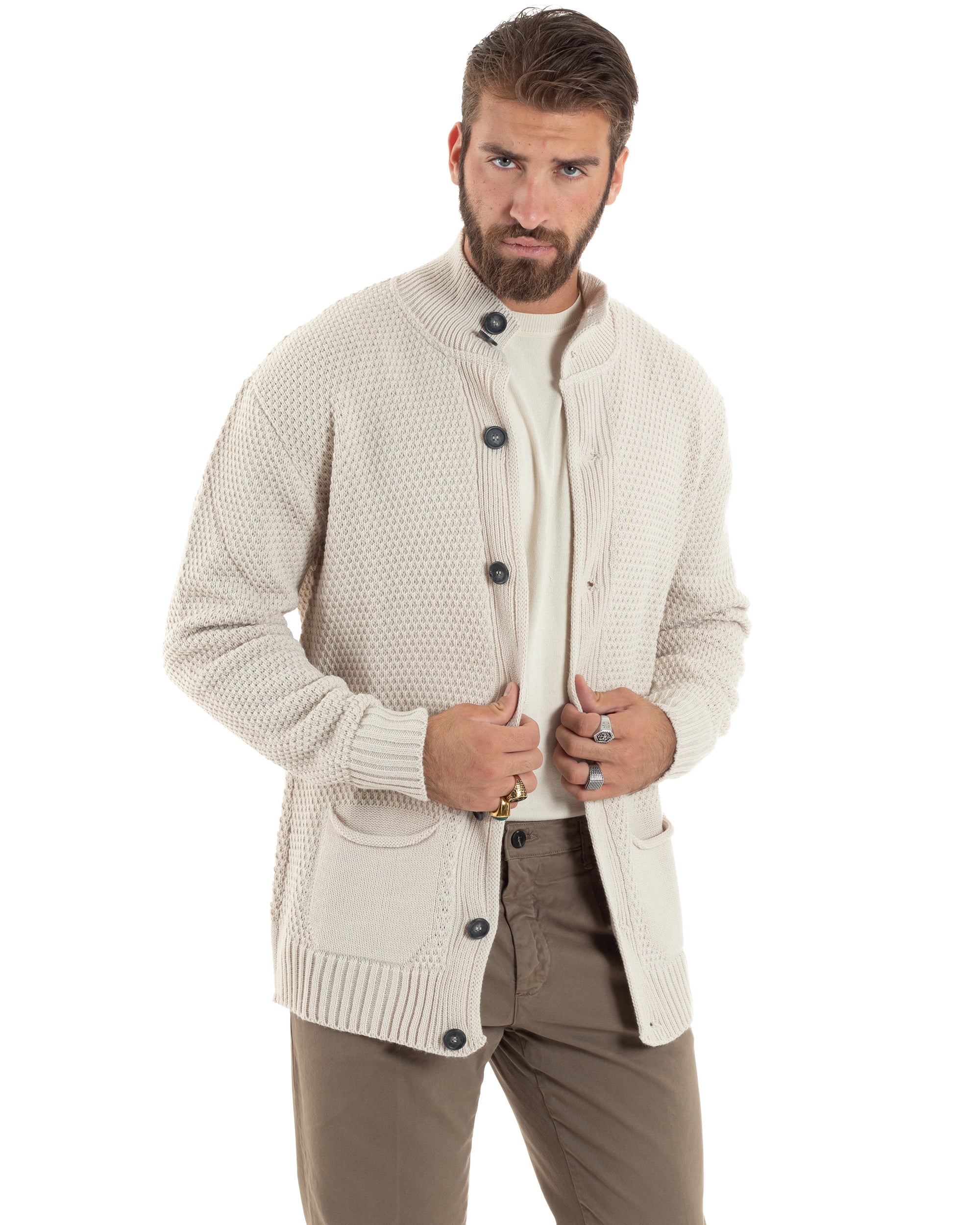 Cardigan Uomo Con Tasche a Toppa Collo E Bottoni Giacca Coreana Nido D'ape Calda Maglioncino Casual Lavorato Beige GIOSAL-M2904A