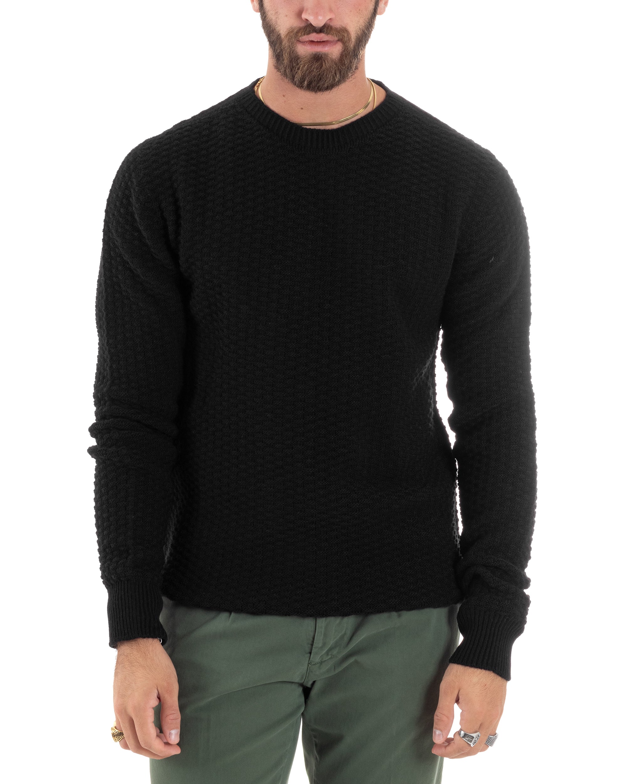 Maglione Uomo Girocollo Maglioncino Nido D'ape Maglia Basic Lavorata Maniche Lunghe Calda Tinta Unita Casual Nero GIOSAL-M2905A