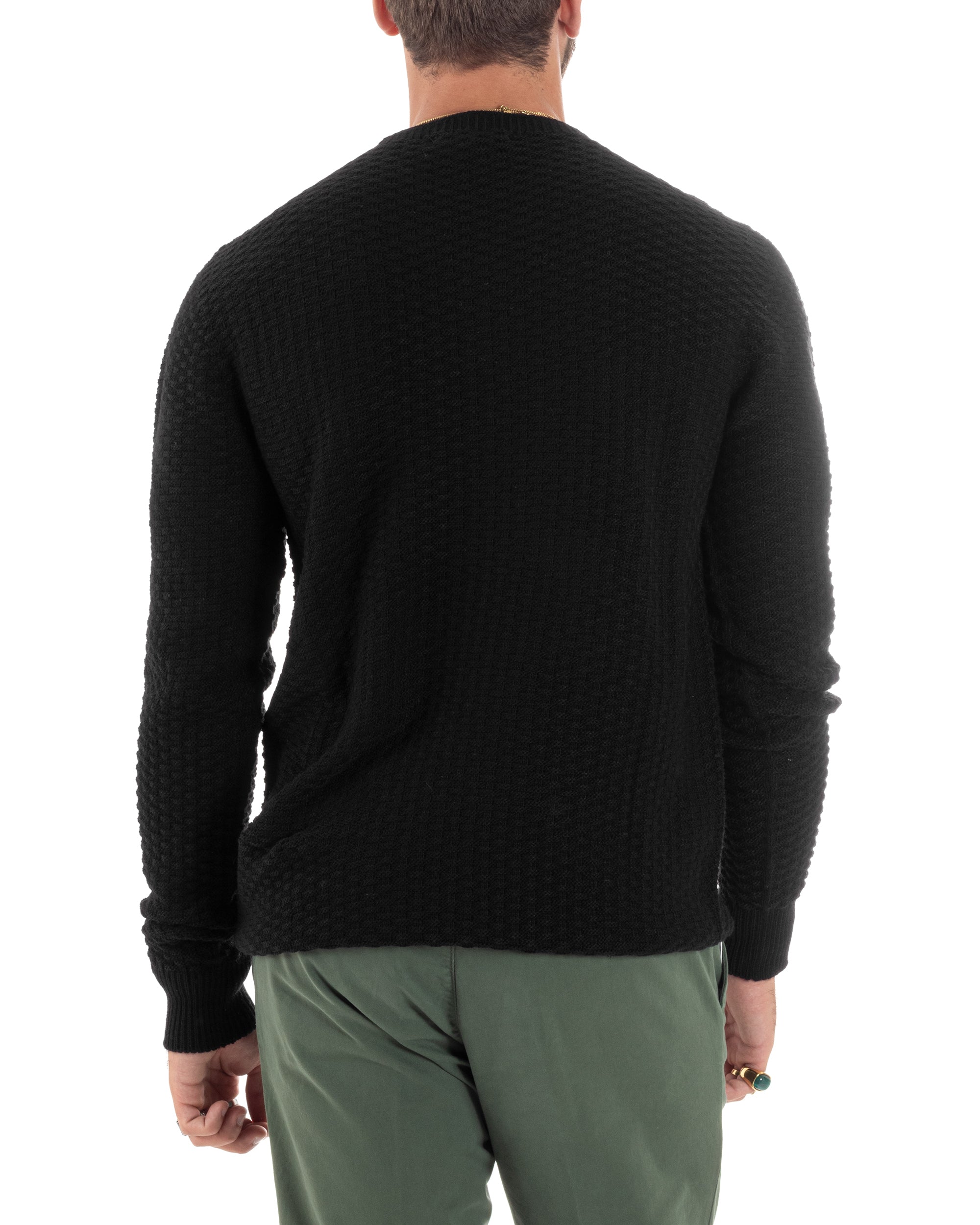 Maglione Uomo Girocollo Maglioncino Nido D'ape Maglia Basic Lavorata Maniche Lunghe Calda Tinta Unita Casual Nero GIOSAL-M2905A