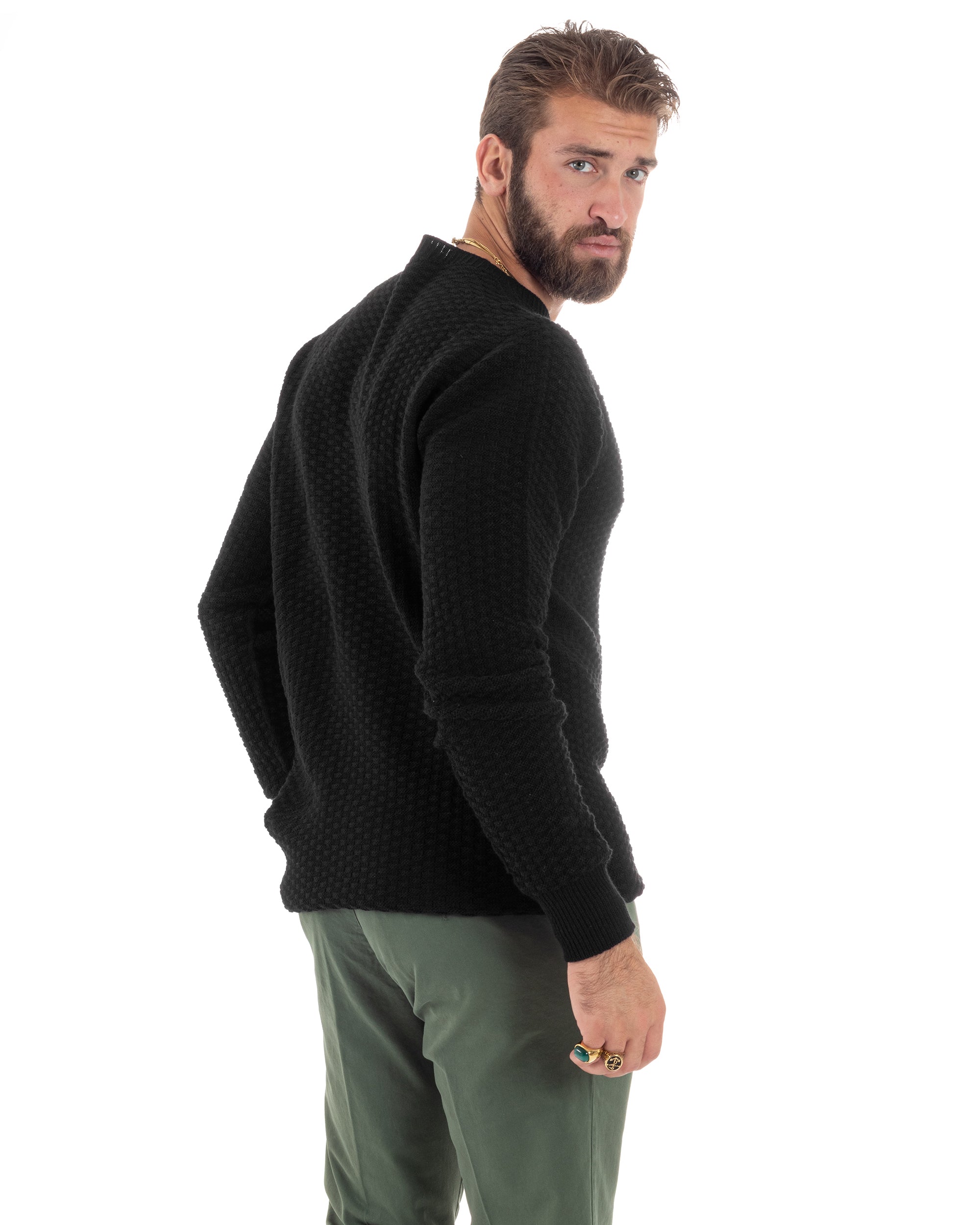 Maglione Uomo Girocollo Maglioncino Nido D'ape Maglia Basic Lavorata Maniche Lunghe Calda Tinta Unita Casual Nero GIOSAL-M2905A