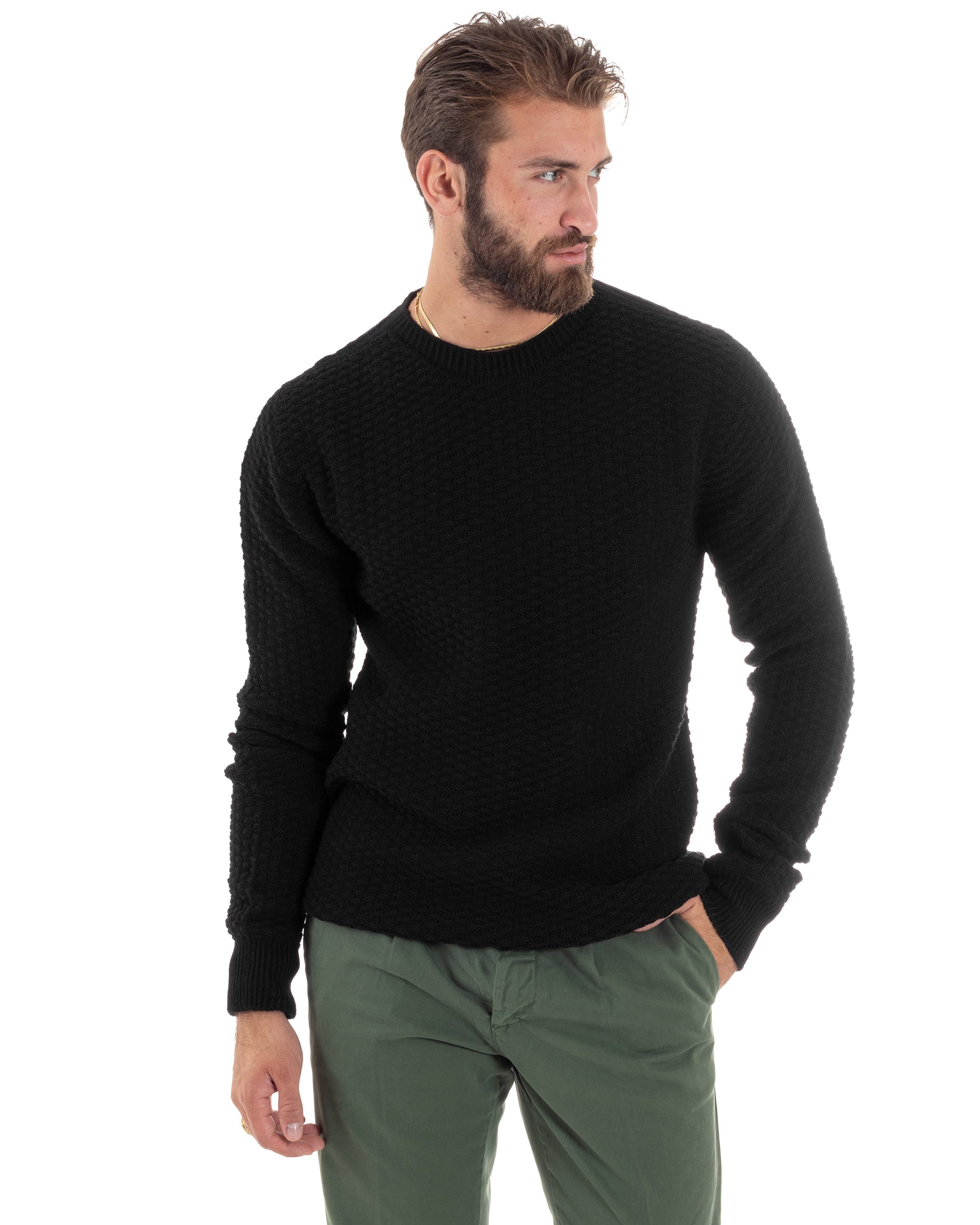 Maglione Uomo Girocollo Maglioncino Nido D'ape Maglia Basic Lavorata Maniche Lunghe Calda Tinta Unita Casual Nero GIOSAL-M2905A