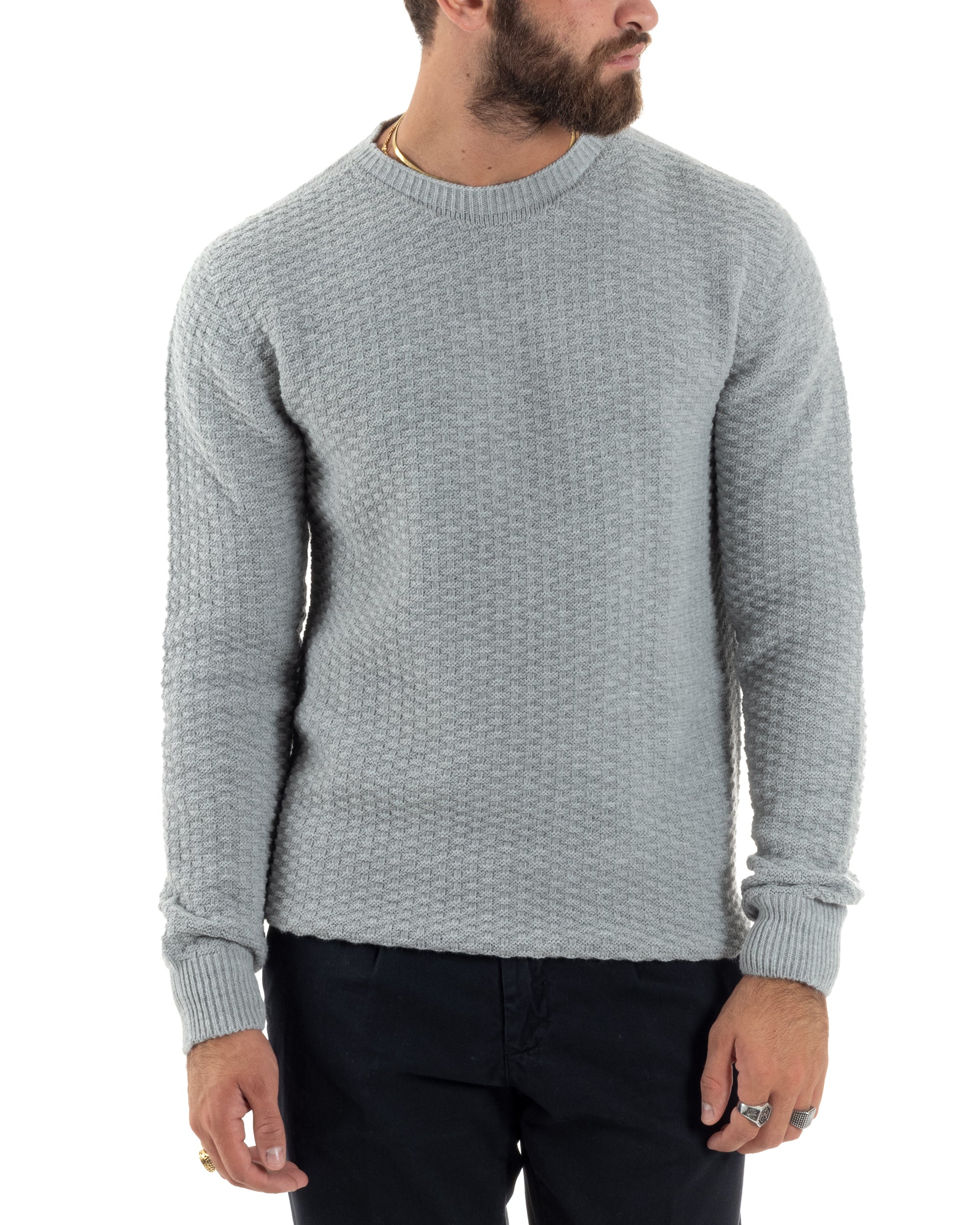 Maglione Uomo Girocollo Maglioncino Nido D'ape Maglia Basic Lavorata Maniche Lunghe Calda Tinta Unita Casual Grigio GIOSAL-M2906A