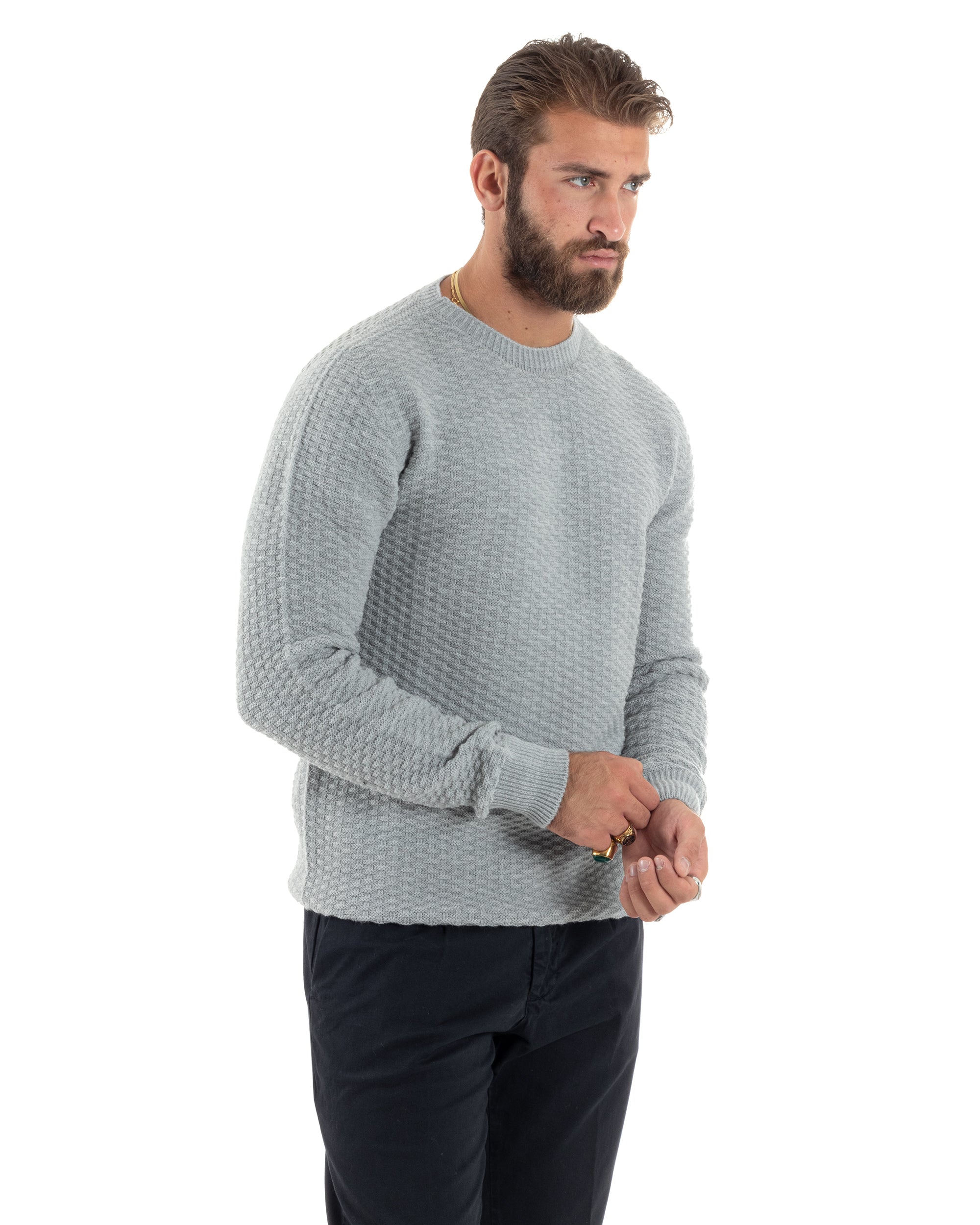 Maglione Uomo Girocollo Maglioncino Nido D'ape Maglia Basic Lavorata Maniche Lunghe Calda Tinta Unita Casual Grigio GIOSAL-M2906A