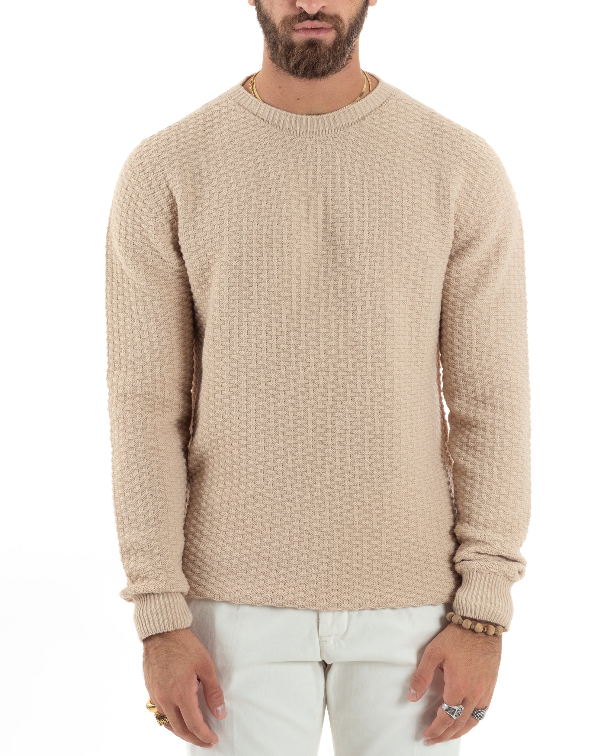 Maglione Uomo Girocollo Maglioncino Nido D'ape Maglia Basic Lavorata Maniche Lunghe Calda Tinta Unita Casual Beige GIOSAL-M2907A