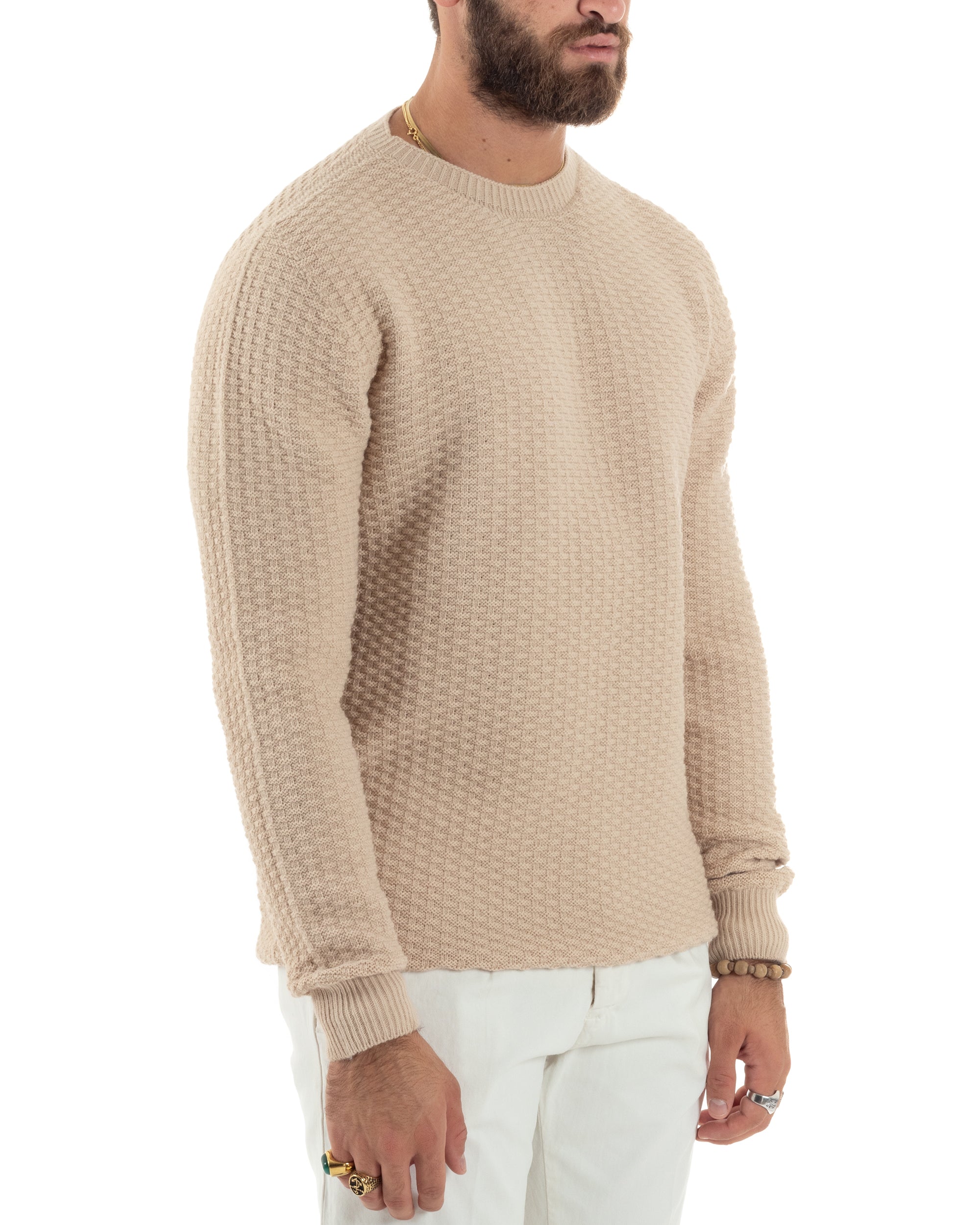 Maglione Uomo Girocollo Maglioncino Nido D'ape Maglia Basic Lavorata Maniche Lunghe Calda Tinta Unita Casual Beige GIOSAL-M2907A