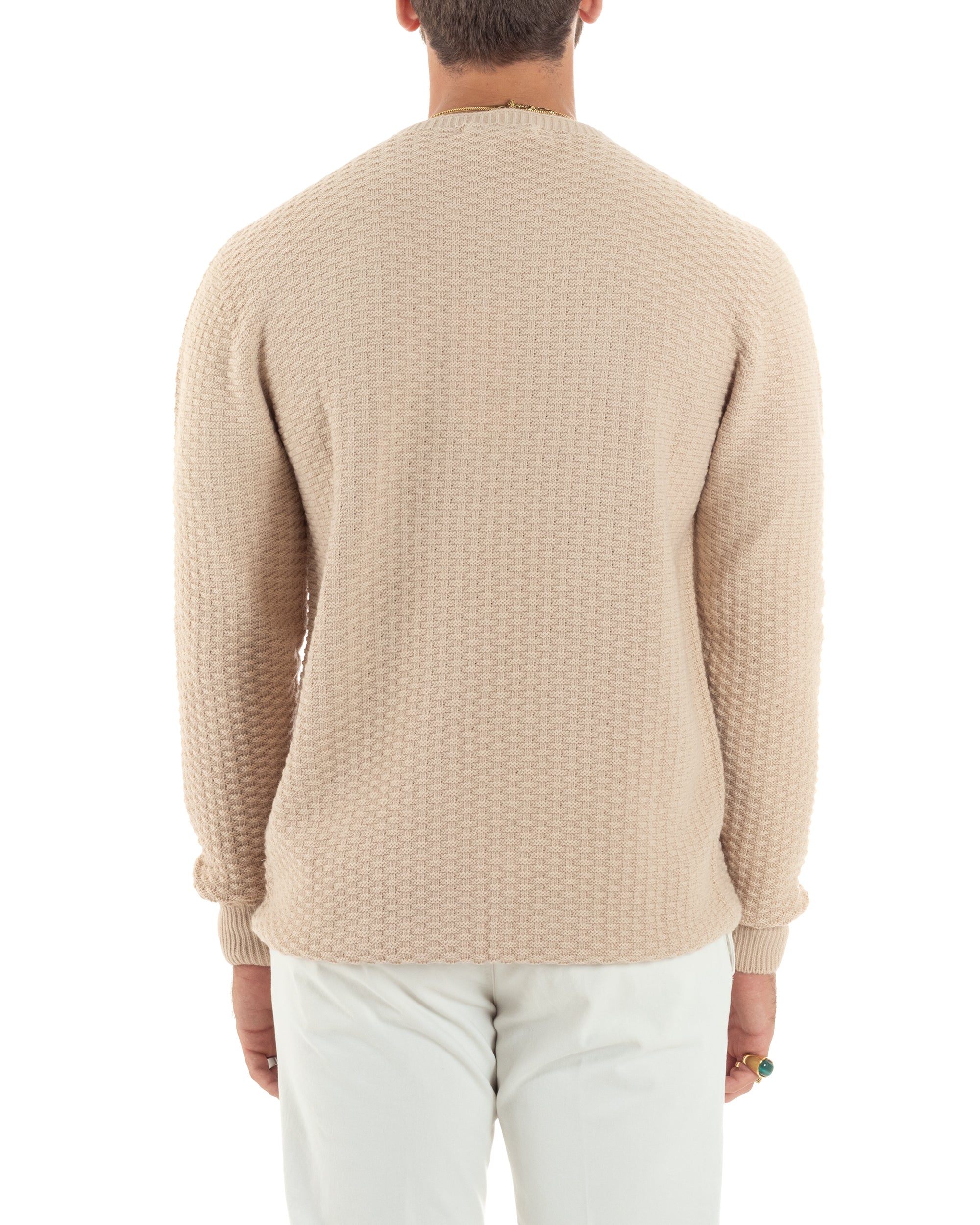 Maglione Uomo Girocollo Maglioncino Nido D'ape Maglia Basic Lavorata Maniche Lunghe Calda Tinta Unita Casual Beige GIOSAL-M2907A