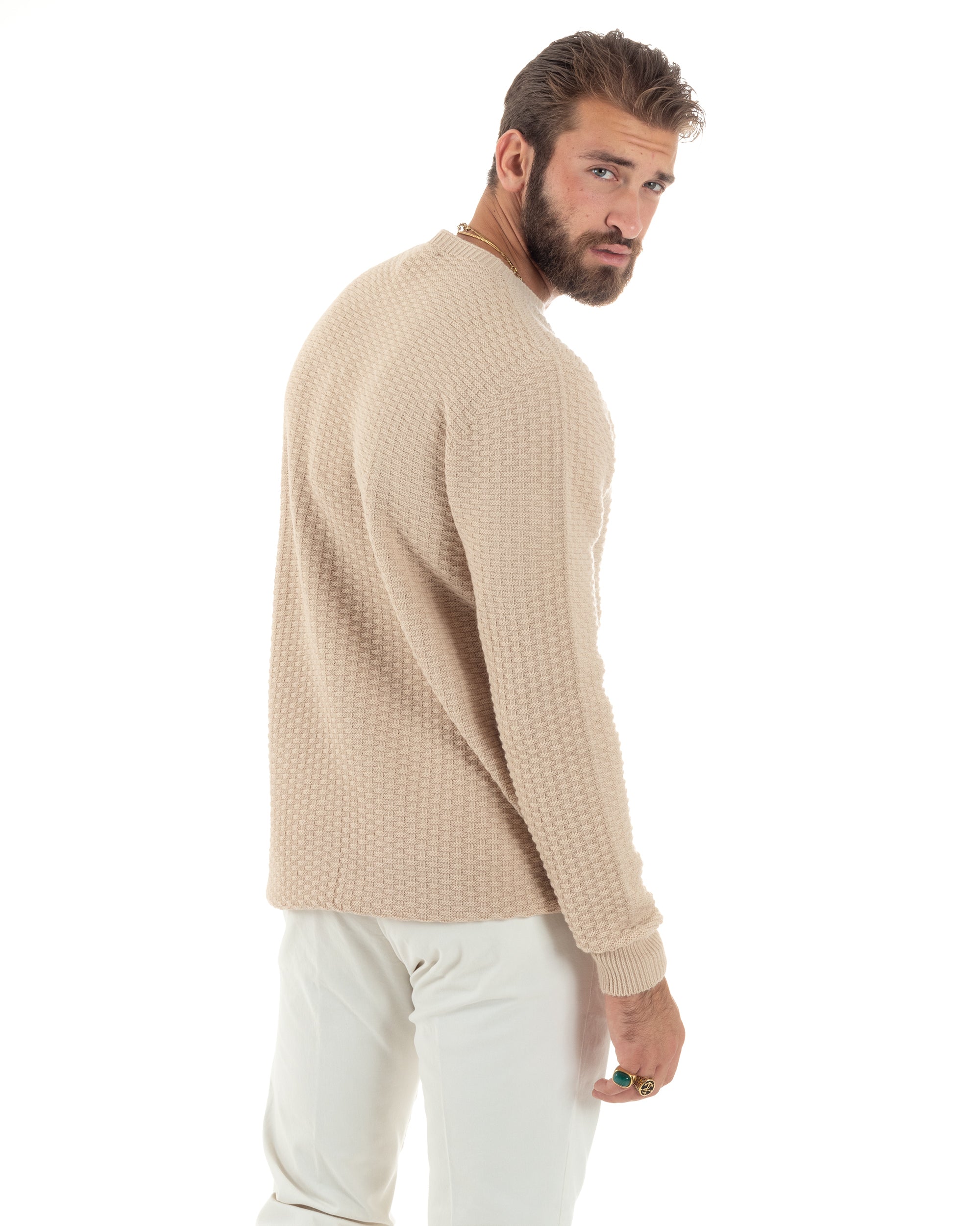 Maglione Uomo Girocollo Maglioncino Nido D'ape Maglia Basic Lavorata Maniche Lunghe Calda Tinta Unita Casual Beige GIOSAL-M2907A