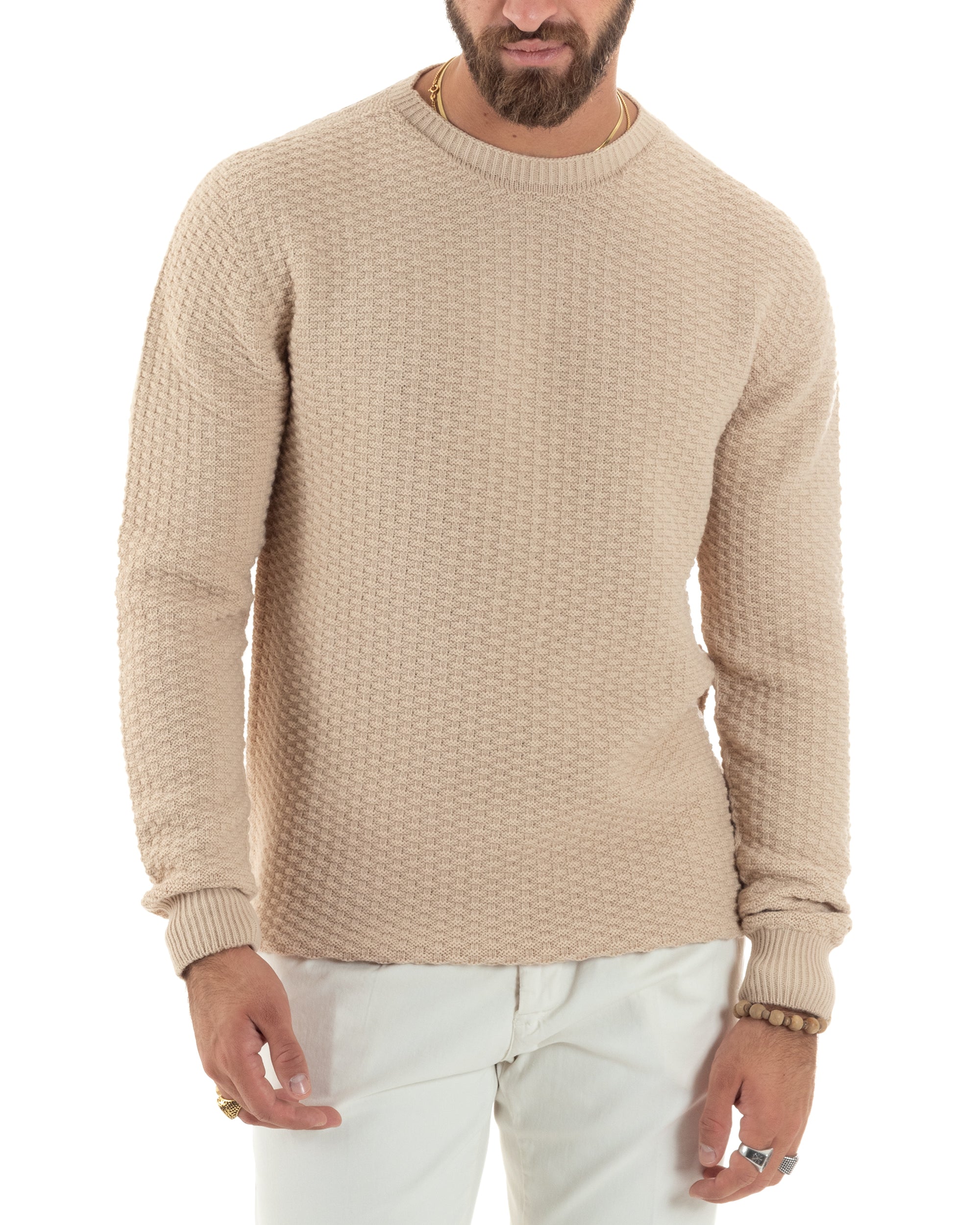 Maglione Uomo Girocollo Maglioncino Nido D'ape Maglia Basic Lavorata Maniche Lunghe Calda Tinta Unita Casual Beige GIOSAL-M2907A