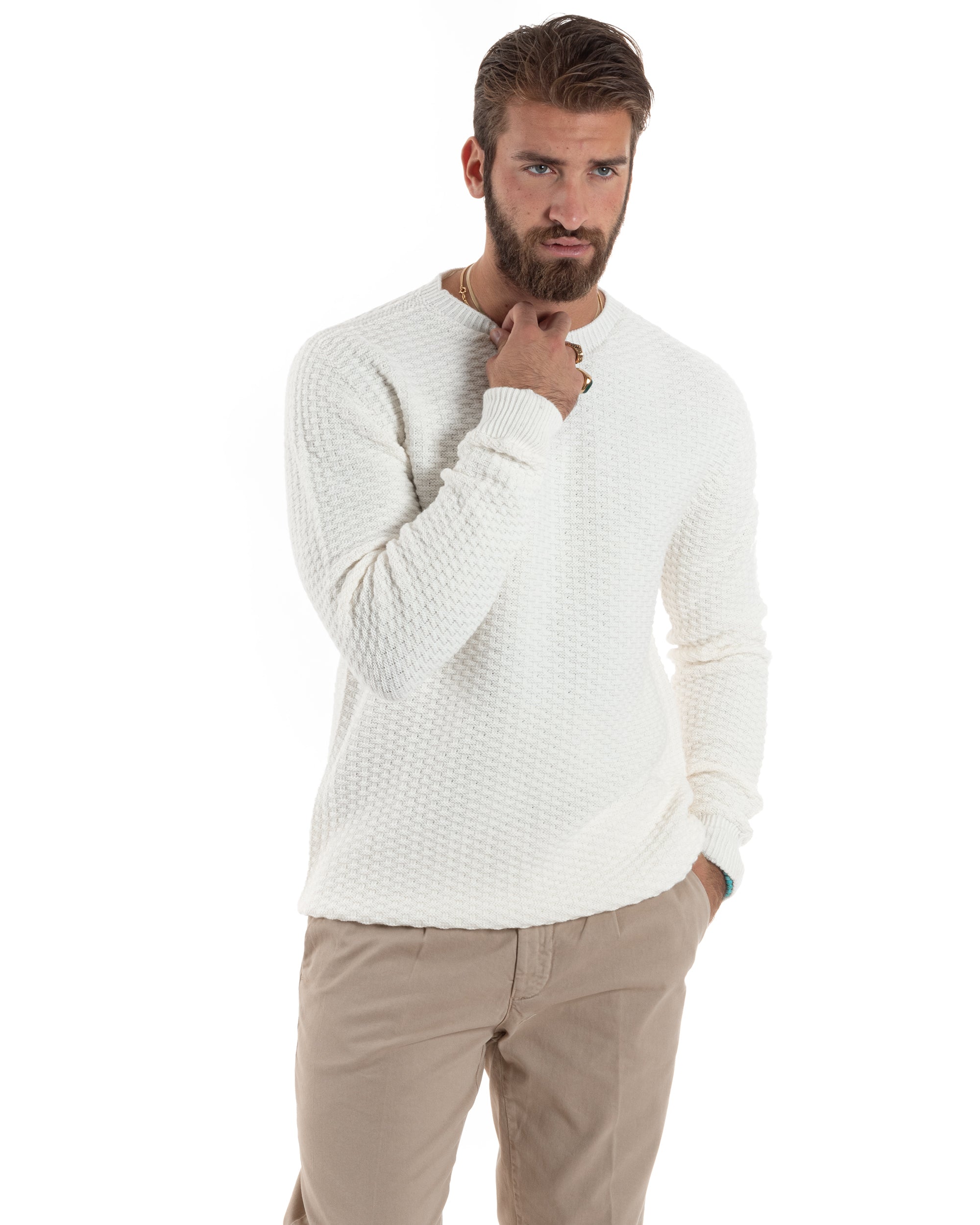 Maglione Uomo Girocollo Maglioncino Nido D'ape Maglia Basic Lavorata Maniche Lunghe Calda Tinta Unita Casual Bianco GIOSAL-M2908A