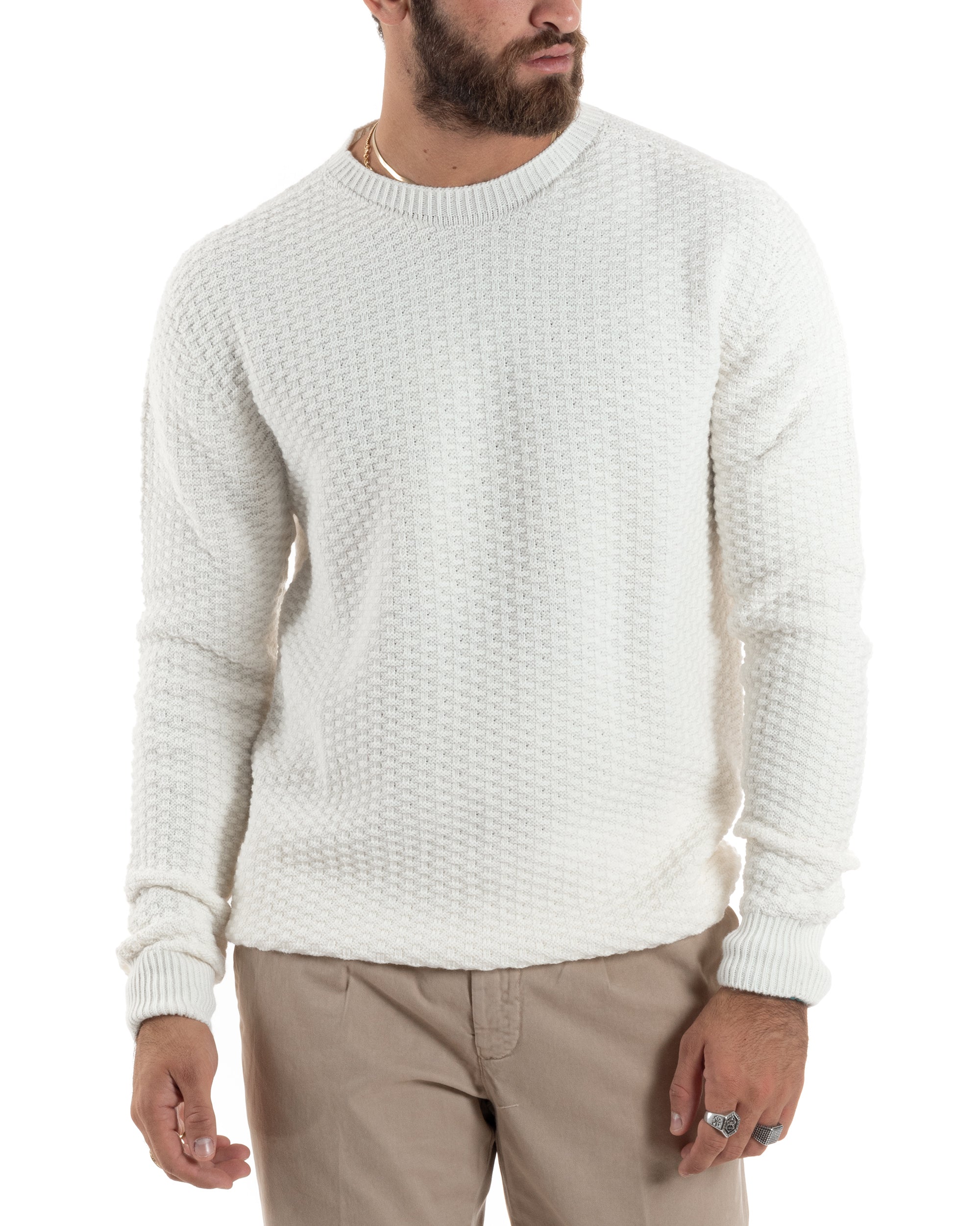 Maglione Uomo Girocollo Maglioncino Nido D'ape Maglia Basic Lavorata Maniche Lunghe Calda Tinta Unita Casual Bianco GIOSAL-M2908A