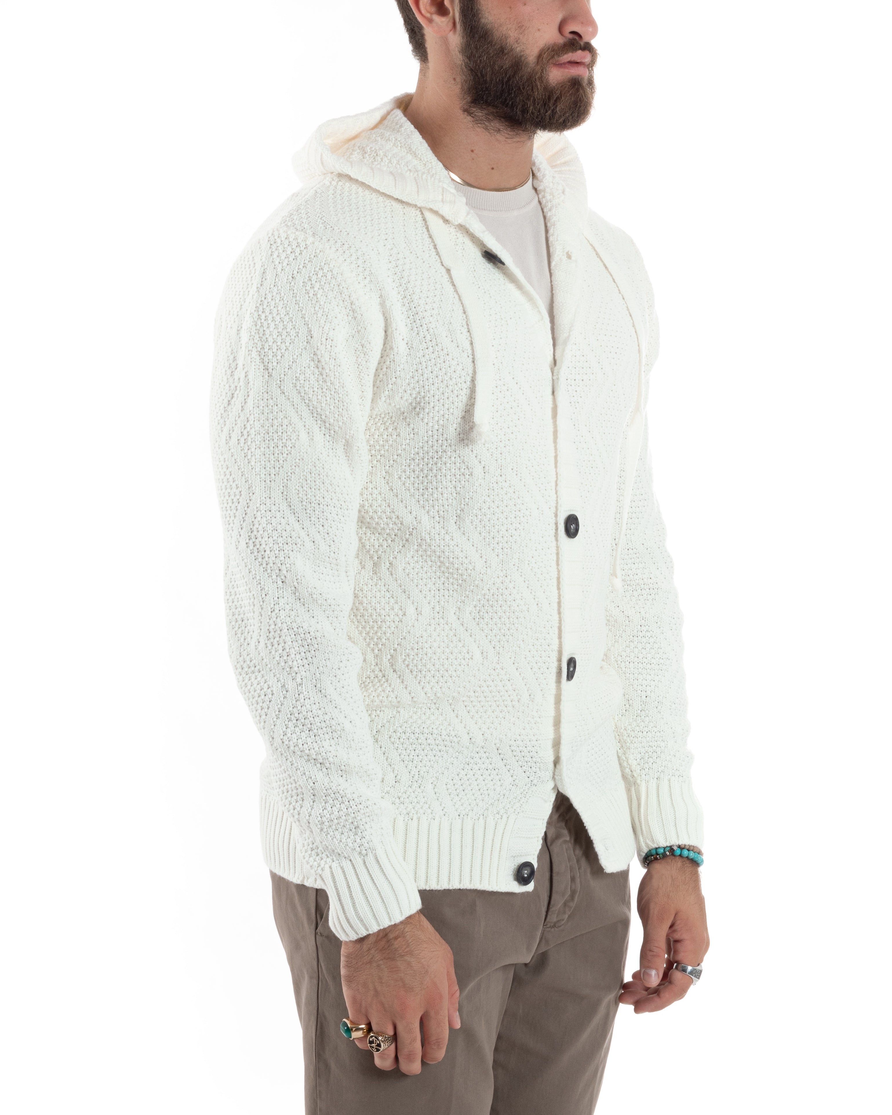 Cardigan Uomo Con Cappuccio Regolabile E Bottoni Maglioncino Casual Lavorato Giacca Calda Bianco GIOSAL-M2909A