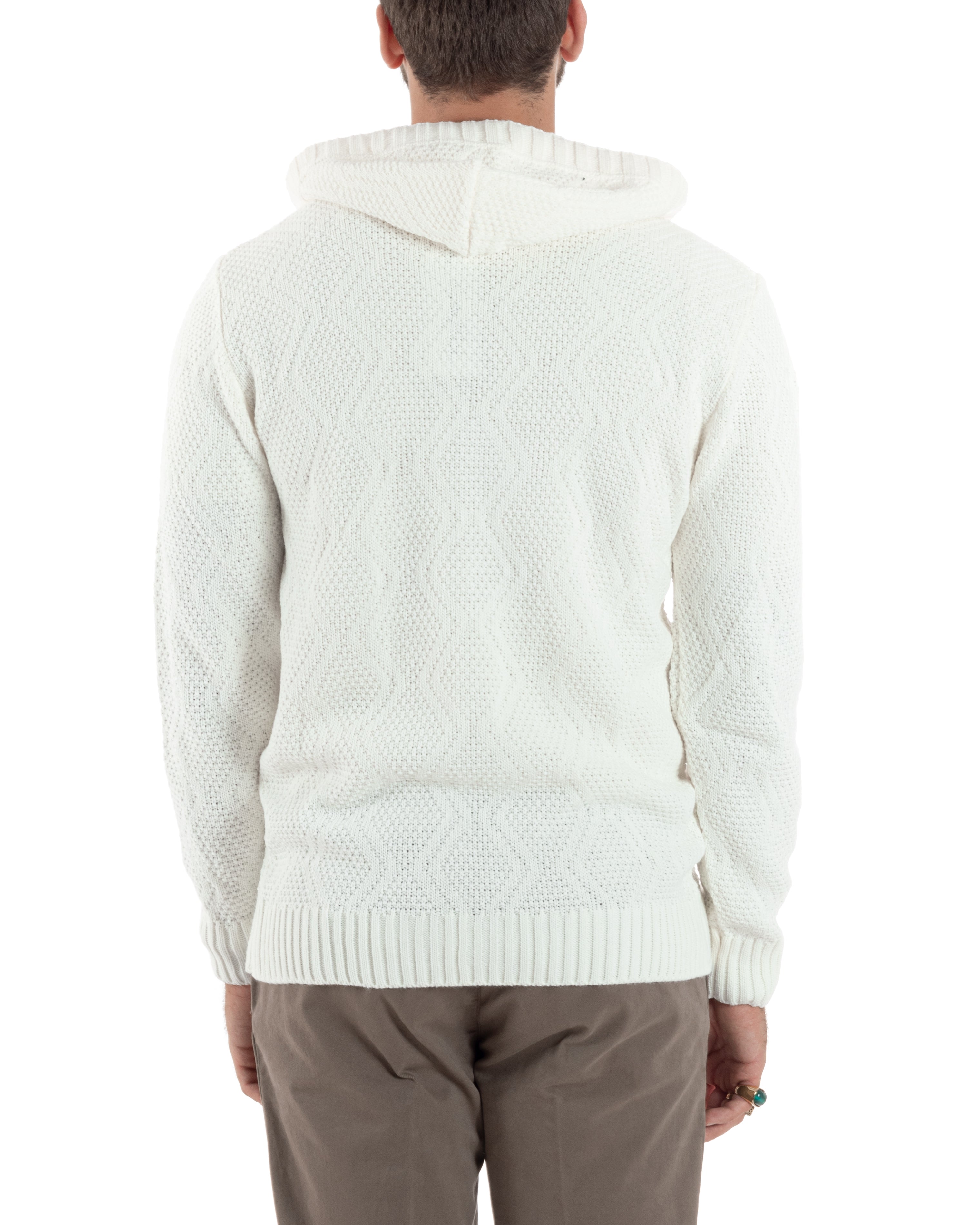 Cardigan Uomo Con Cappuccio Regolabile E Bottoni Maglioncino Casual Lavorato Giacca Calda Bianco GIOSAL-M2909A