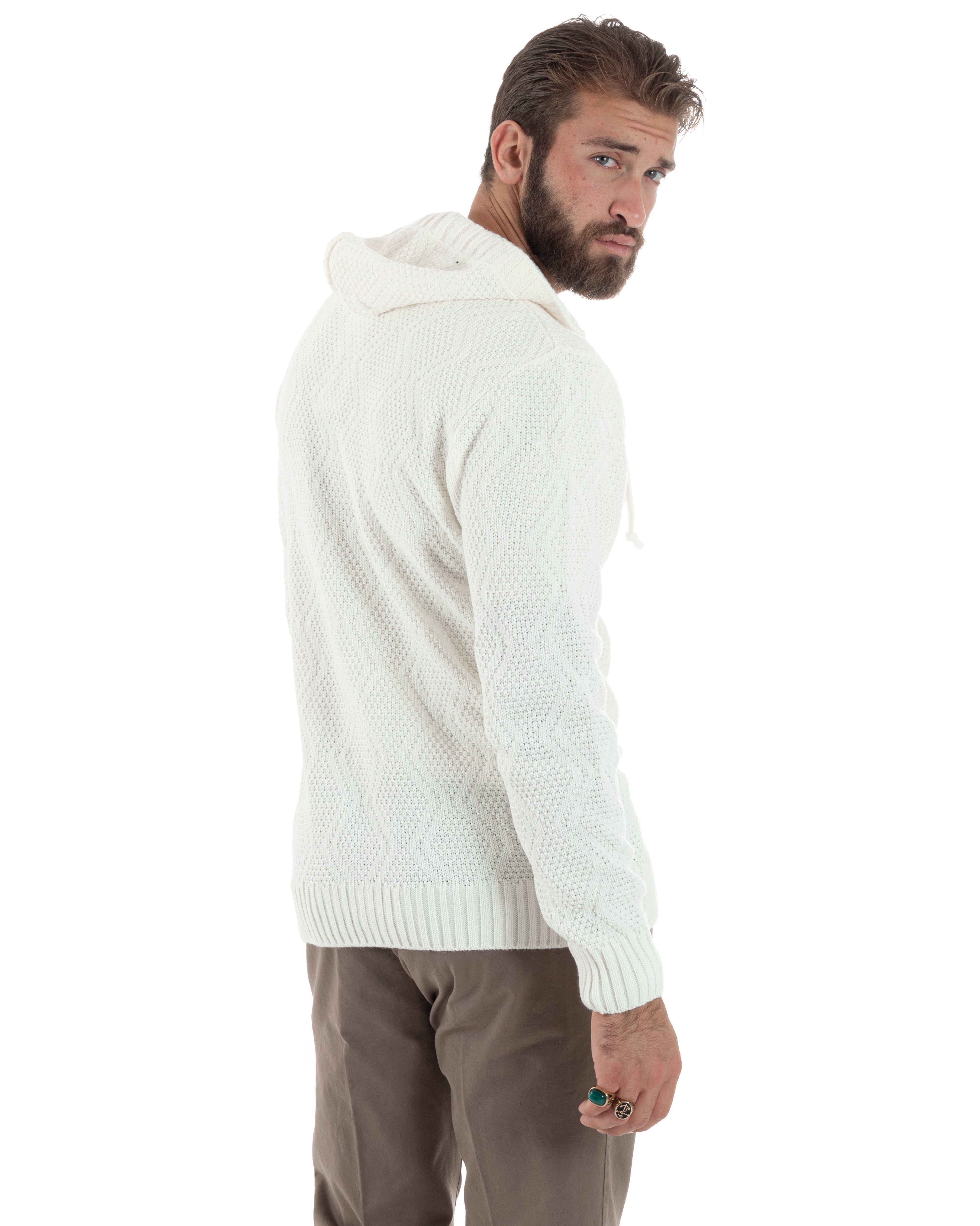 Cardigan Uomo Con Cappuccio Regolabile E Bottoni Maglioncino Casual Lavorato Giacca Calda Bianco GIOSAL-M2909A