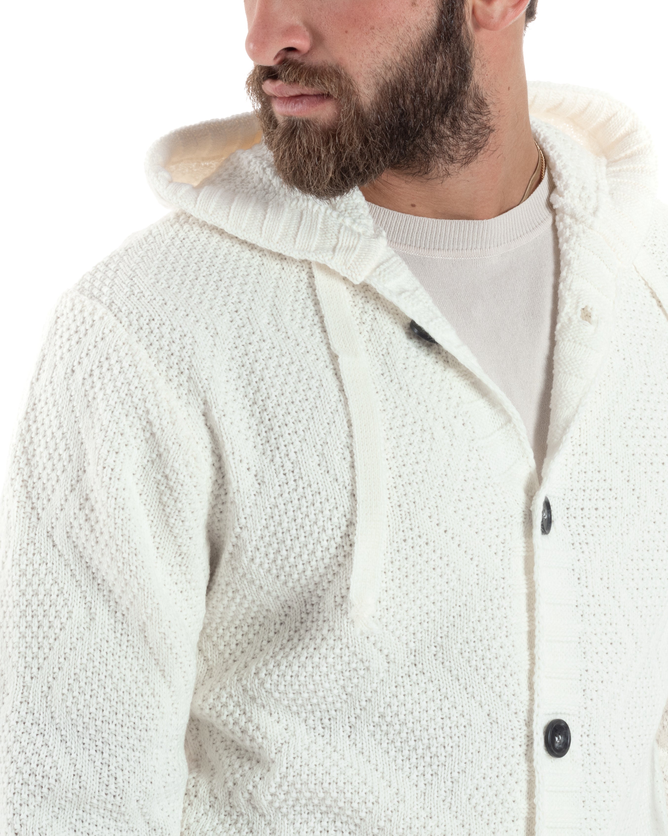 Cardigan Uomo Con Cappuccio Regolabile E Bottoni Maglioncino Casual Lavorato Giacca Calda Bianco GIOSAL-M2909A