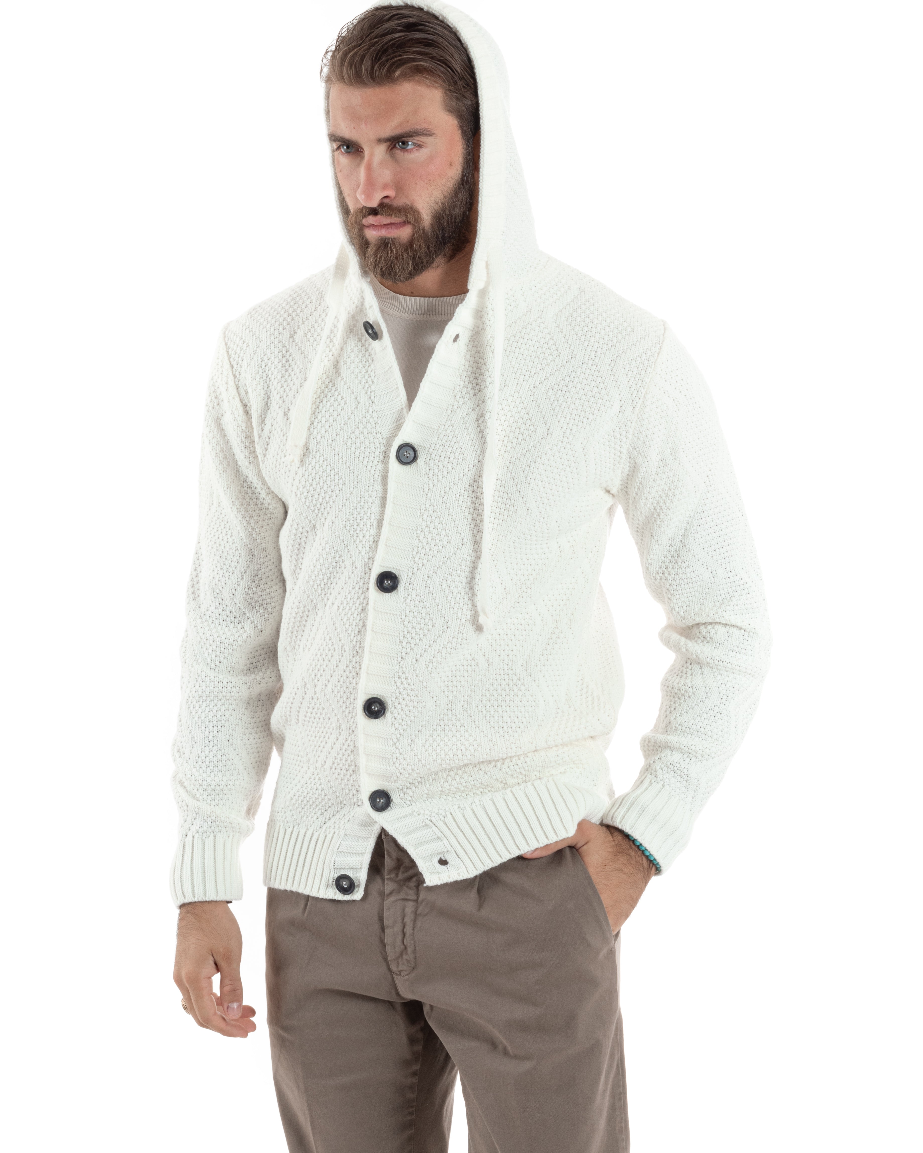 Cardigan Uomo Con Cappuccio Regolabile E Bottoni Maglioncino Casual Lavorato Giacca Calda Bianco GIOSAL-M2909A