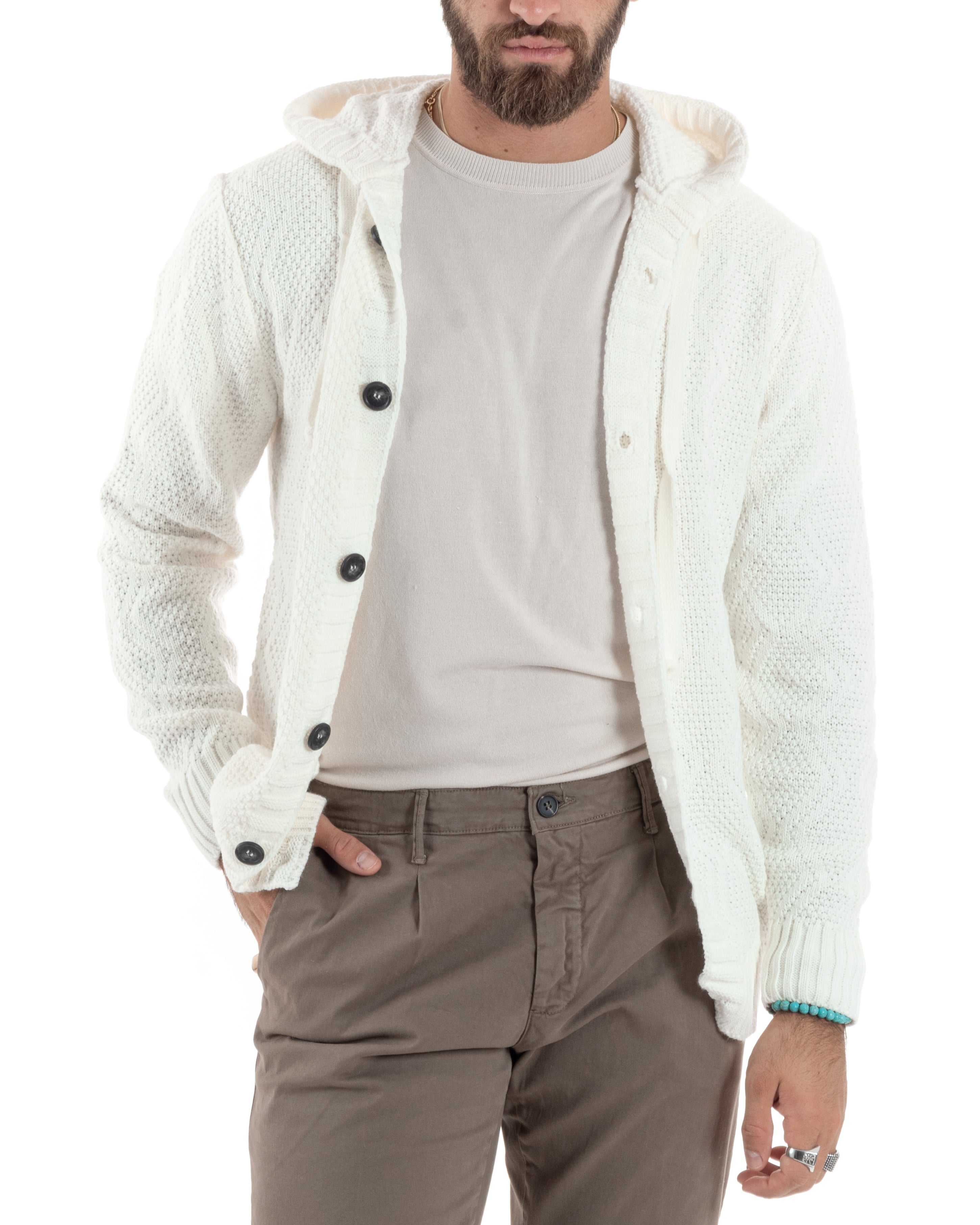 Cardigan Uomo Con Cappuccio Regolabile E Bottoni Maglioncino Casual Lavorato Giacca Calda Bianco GIOSAL-M2909A