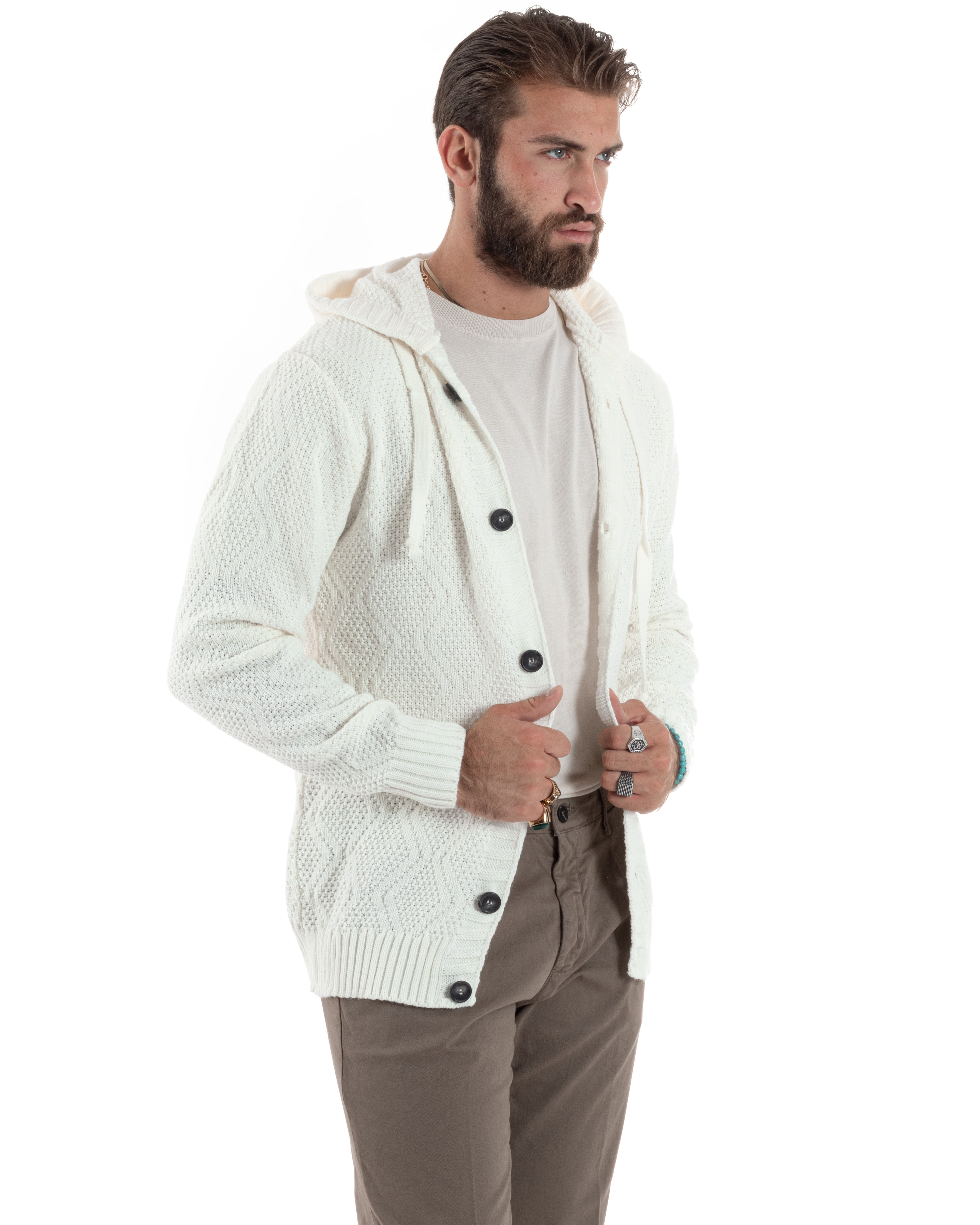 Cardigan Uomo Con Cappuccio Regolabile E Bottoni Maglioncino Casual Lavorato Giacca Calda Bianco GIOSAL-M2909A