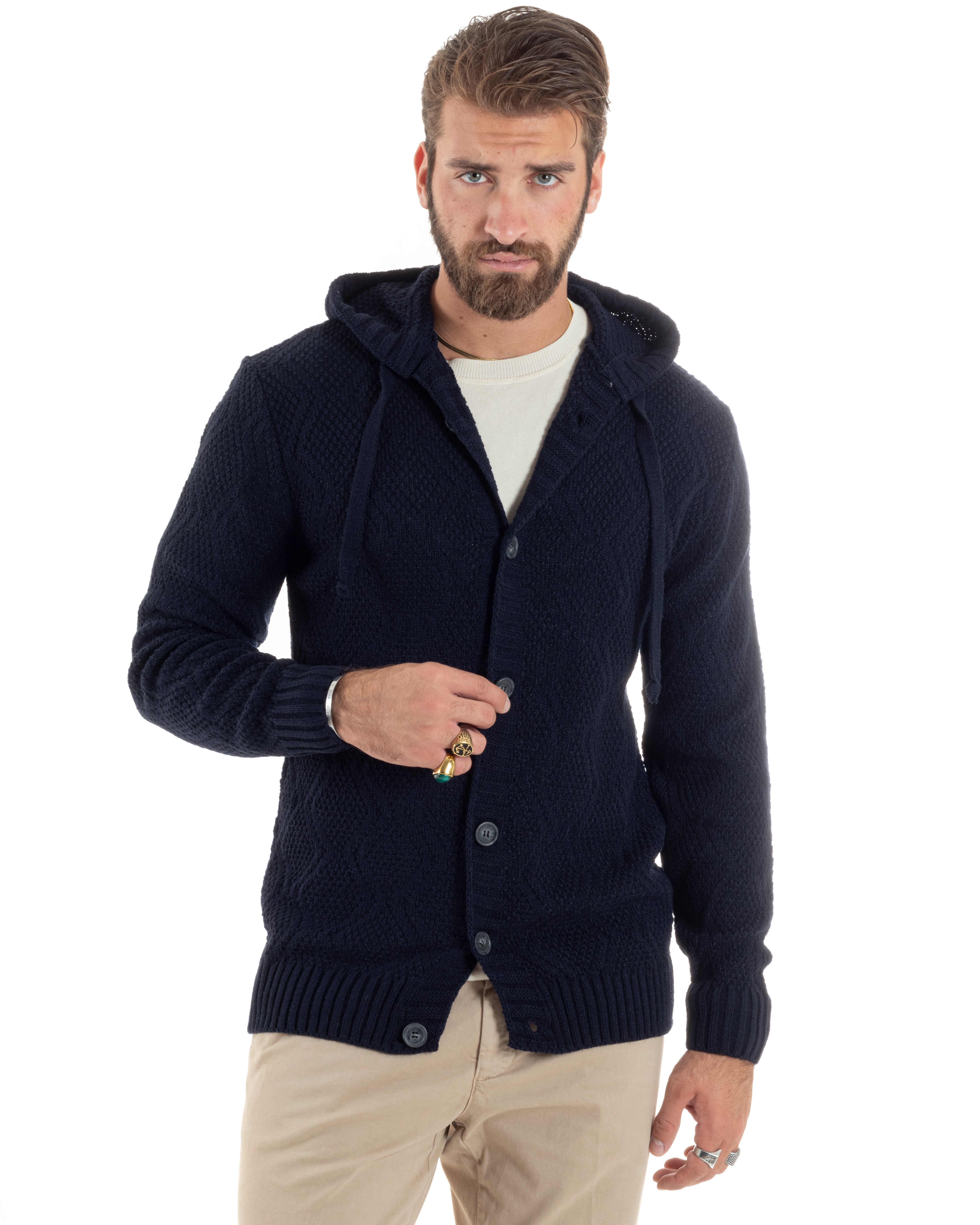 Cardigan Uomo Con Cappuccio Regolabile E Bottoni Maglioncino Casual Lavorato Giacca Calda Blu GIOSAL-M2910A