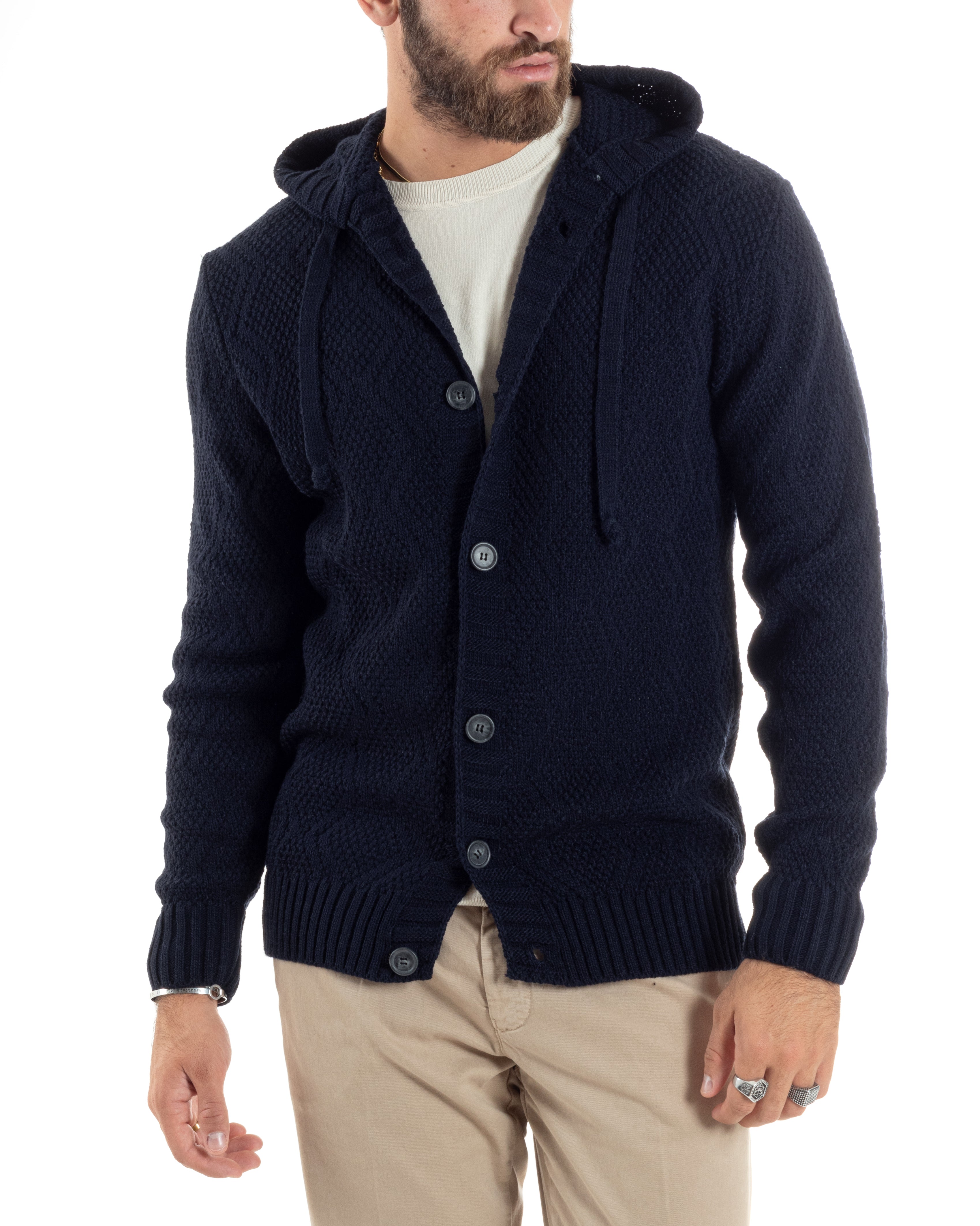 Cardigan Uomo Con Cappuccio Regolabile E Bottoni Maglioncino Casual Lavorato Giacca Calda Blu GIOSAL-M2910A